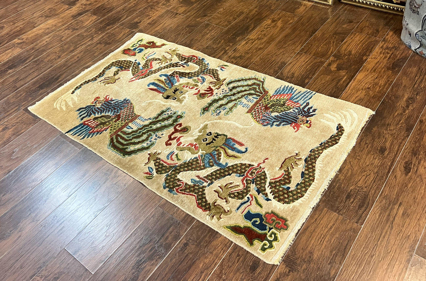 USED Antique Chinese Peking Rug 3 x 5.6, Dragon Motifs, Handmade Wool Asian Oriental Carpet