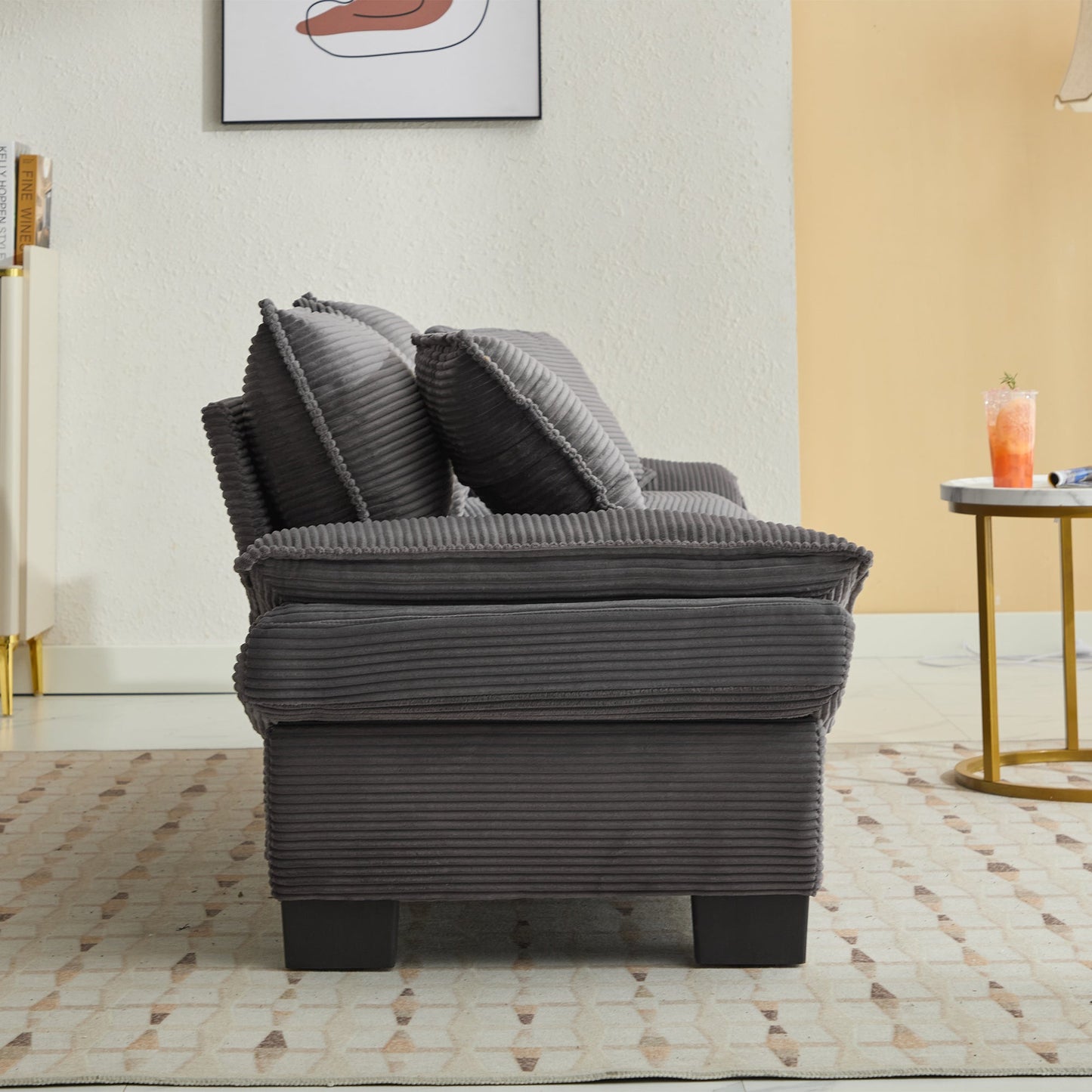 NEW Comfy Grey Upholstered Deep Seat Corduroy Sofa Sleeper Couch Loveseat with Pillows