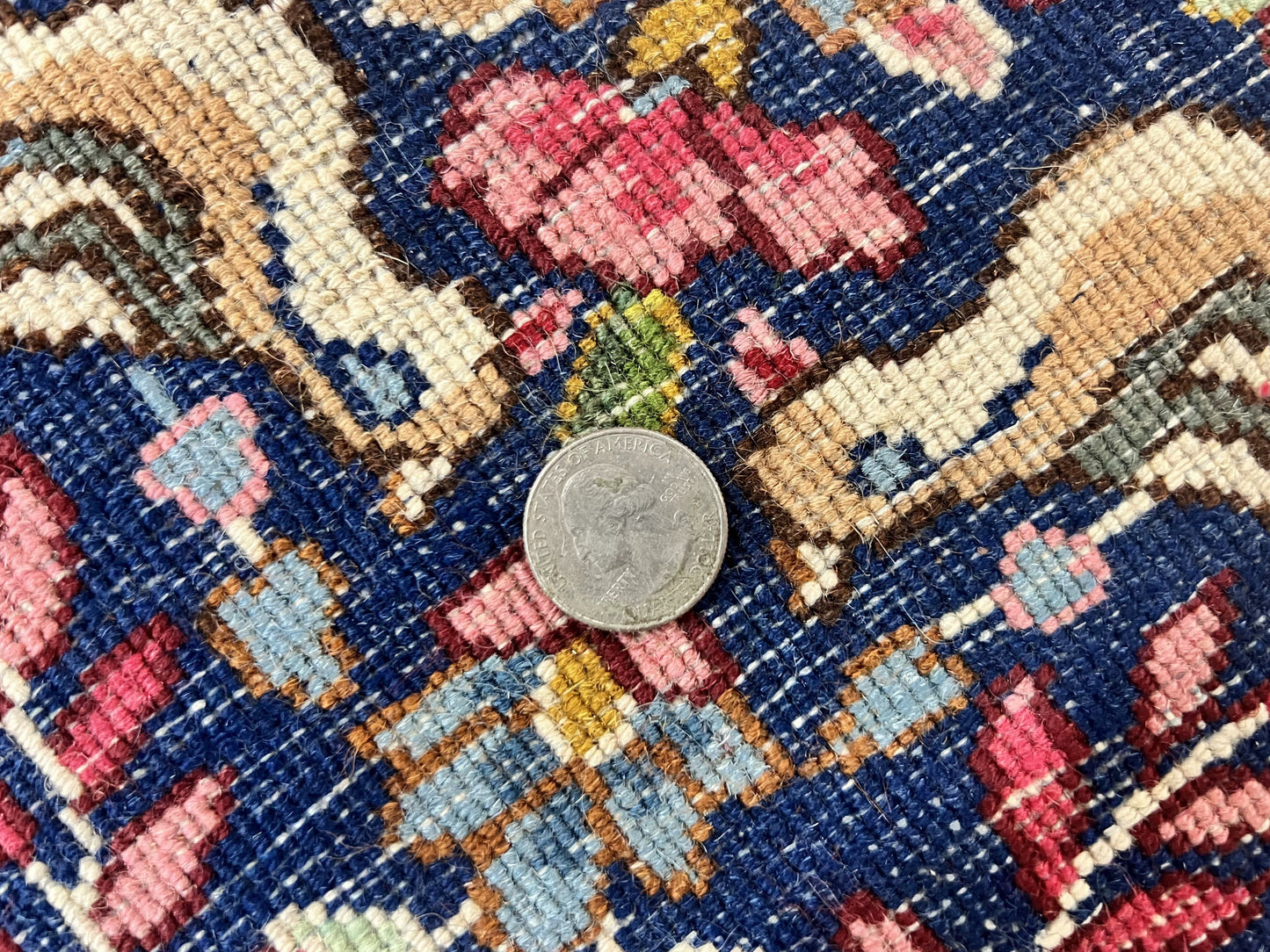 USED Persian Kirman Rug 6x9, Floral Medallion Vintage Wool Handmade Carpet 6 x 9, Animal Pictorials Birds, Semi Antique, Navy Blue, Millefleur