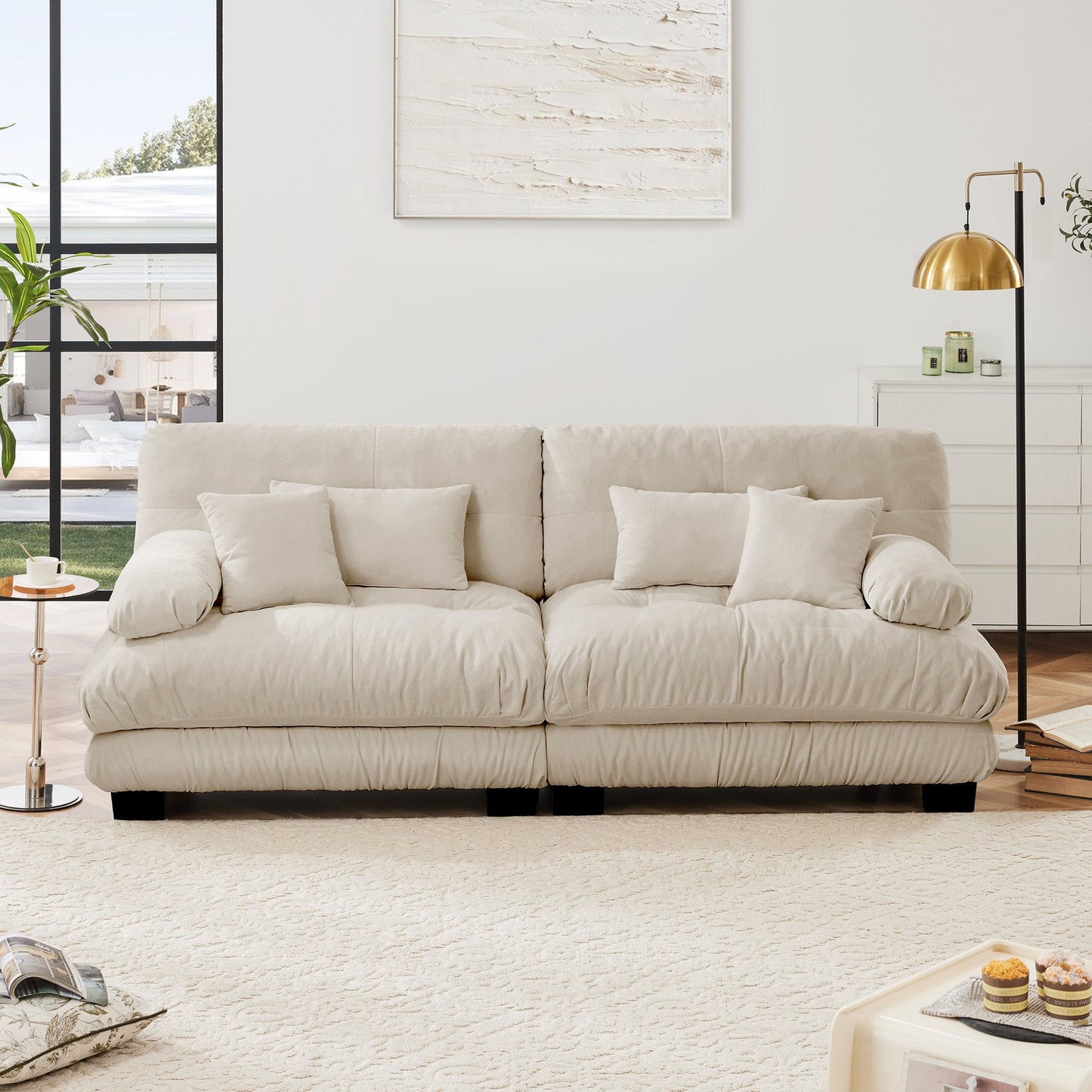 NEW Cloud Couch Chenille Light Coffee 2 Seat Sofa with 2 Lumbar and 2 Throw Pillows