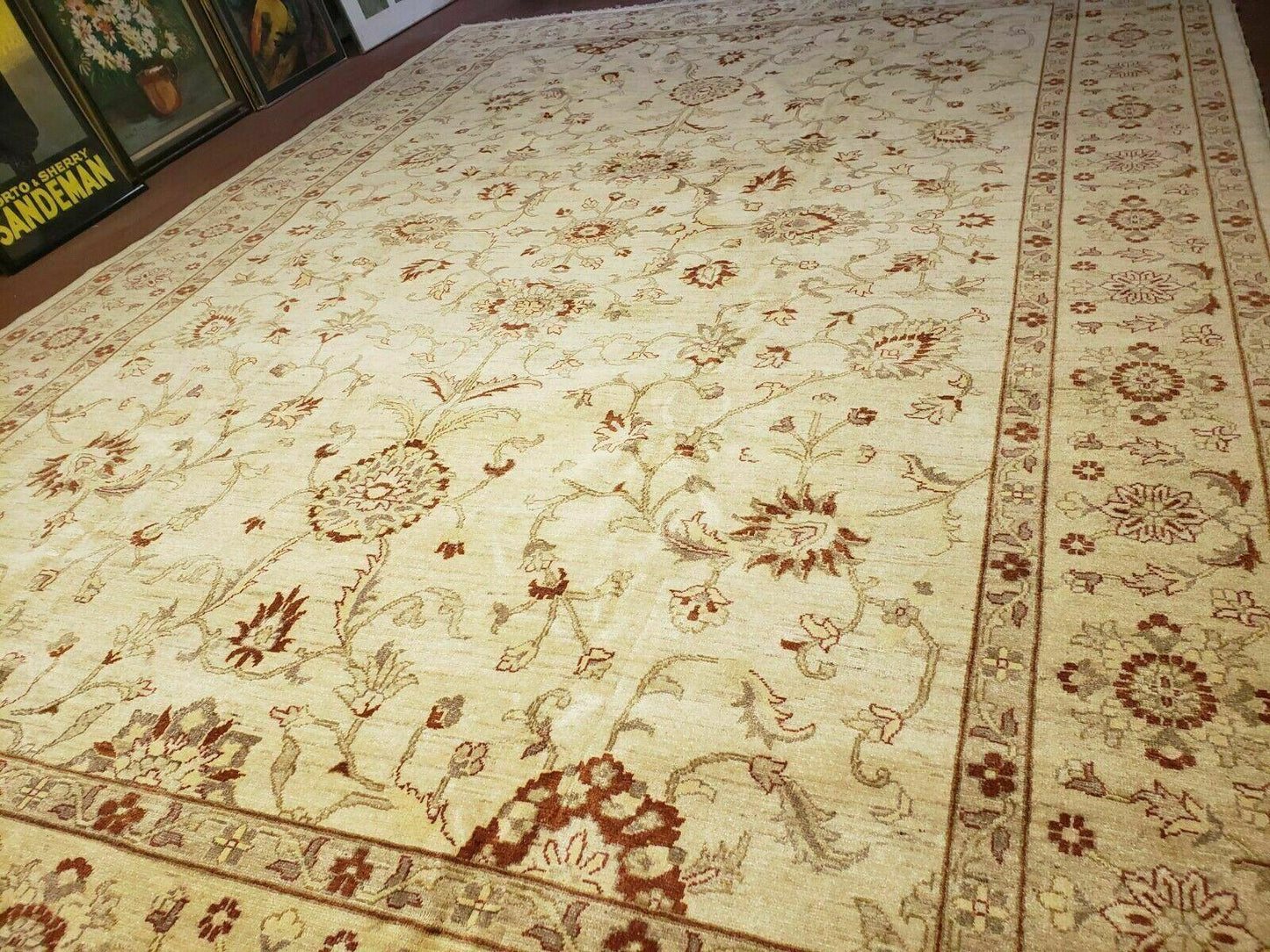 USED Oushak Rug 10x14 Neutral Colors Handmade Peshawar Wool Carpet Oatmeal Beige