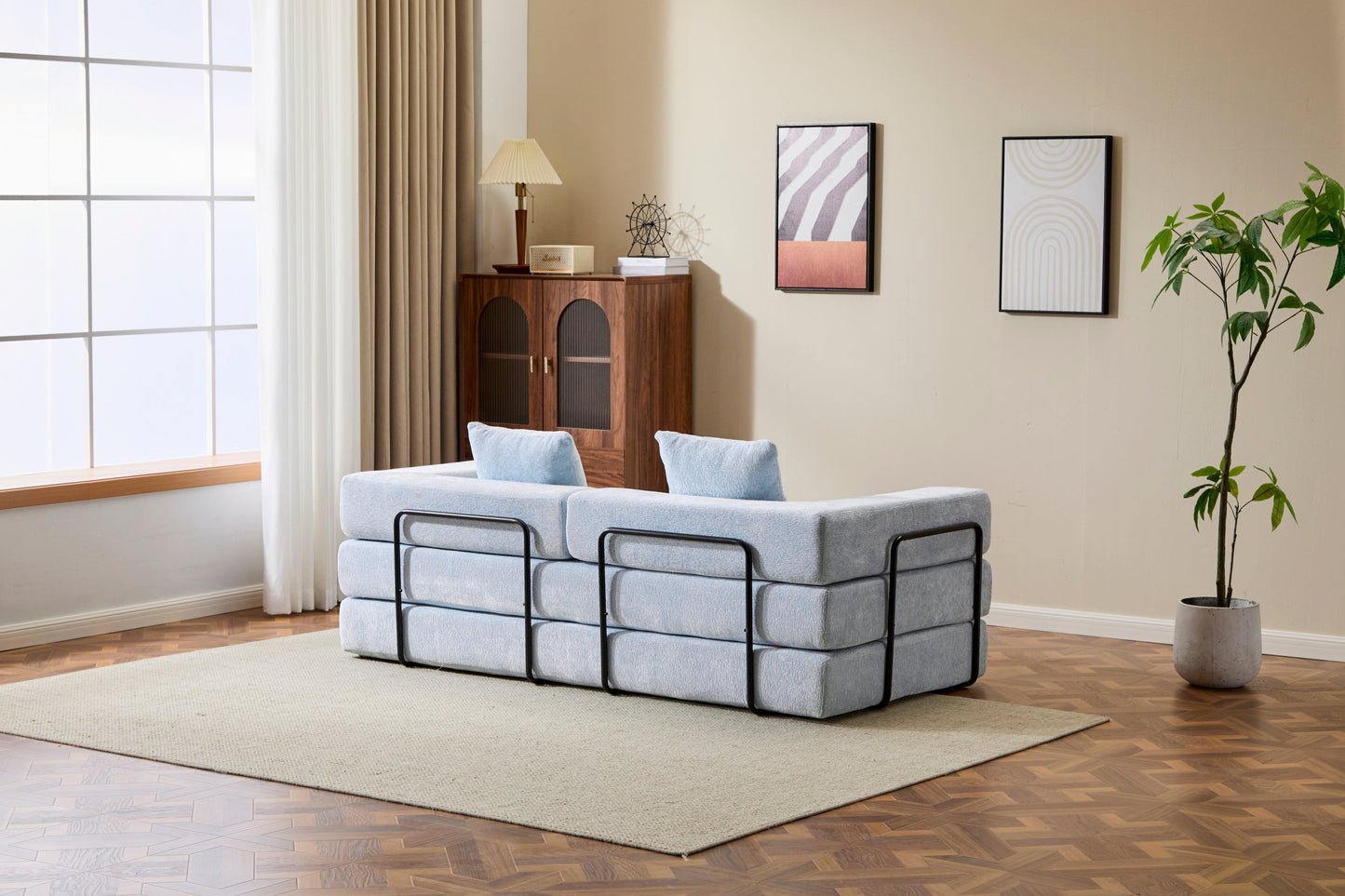 NEW Light Blue Chenille Fabric Floor Couch Compression Convertible Sofa Bed with Pillow Back Support Armrest Comfy Futon Couch Lounge Sleeper Bed