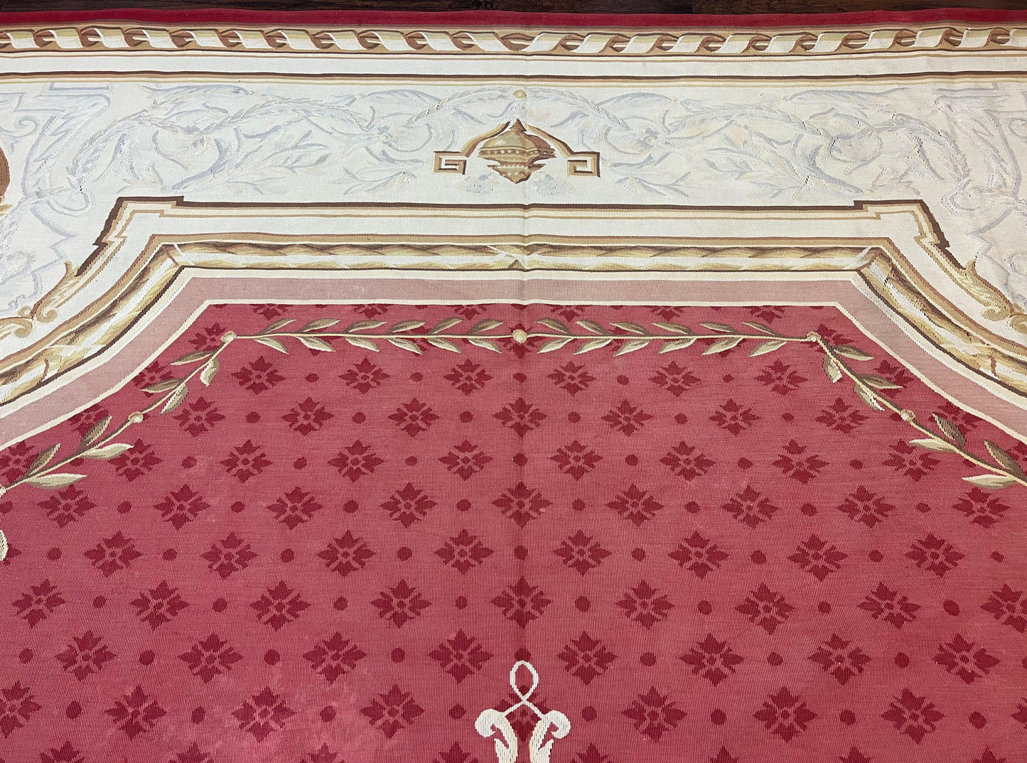 USED Aubusson Rug 9x12 ft, Red and Ivory Elegant Aubusson Carpet, Flatweave, Vintage Wool Handmade Area Rug 9 x 12, French European Design