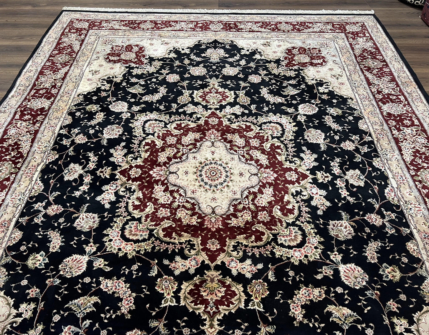 USED Pak Persian Rug 8.8 x 10.6, Floral Medallion, Wool and Silk Hand Knotted Fine Oriental Carpet, Elegant Rug, Black Gray Burgundy, Room Sized