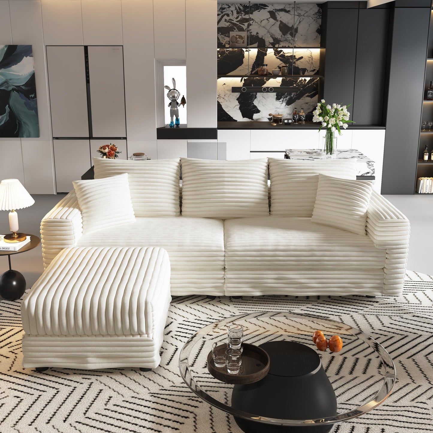 NEW 82.7 ' Plush Beige Corduroy Modern Comfy Upholstered Deep 3-Seat Sofa Couch Convertible Lounge Chair with Soft Pillows and Ottoman