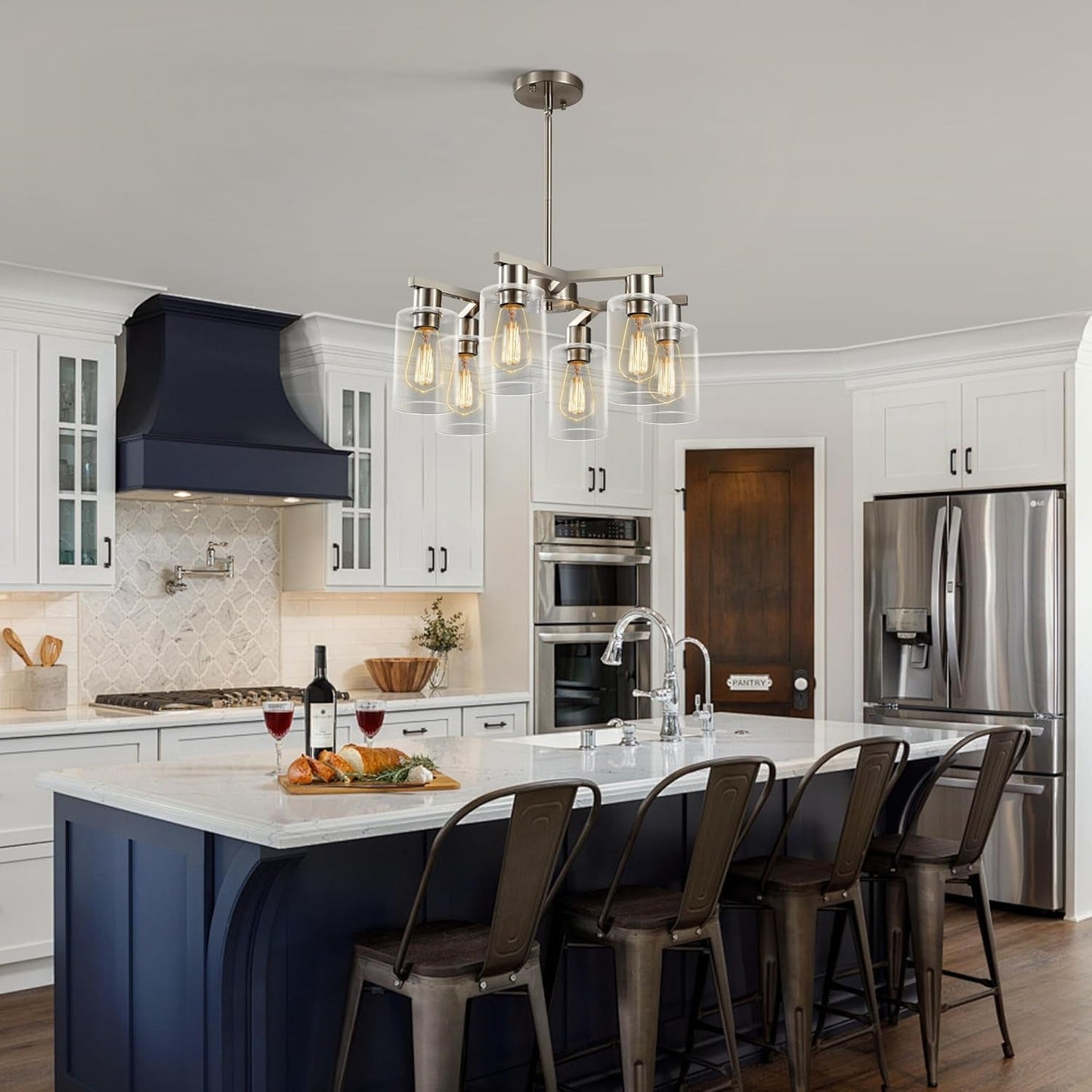 NEW 6 Light Farmhouse Brushed Nickel Pendant Chandelier