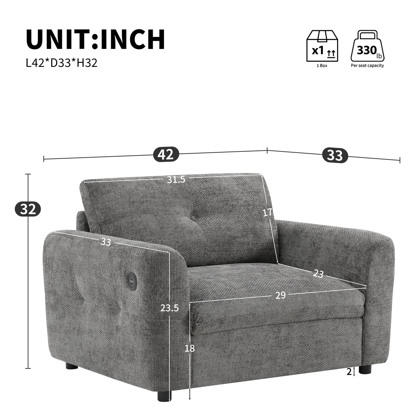 NEW 42*33' Single Sofa, Armchair with Wide Seat, Dual-port Charger, Pull-line & Tufted Design, High-density Foam, Suitable for Living Room & Apartment, Chenille, 2 Colors