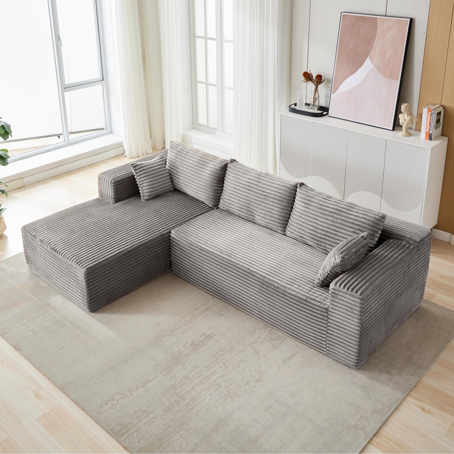 NEW Grey Compression Sectional Couch Boneless L Shape Sofa