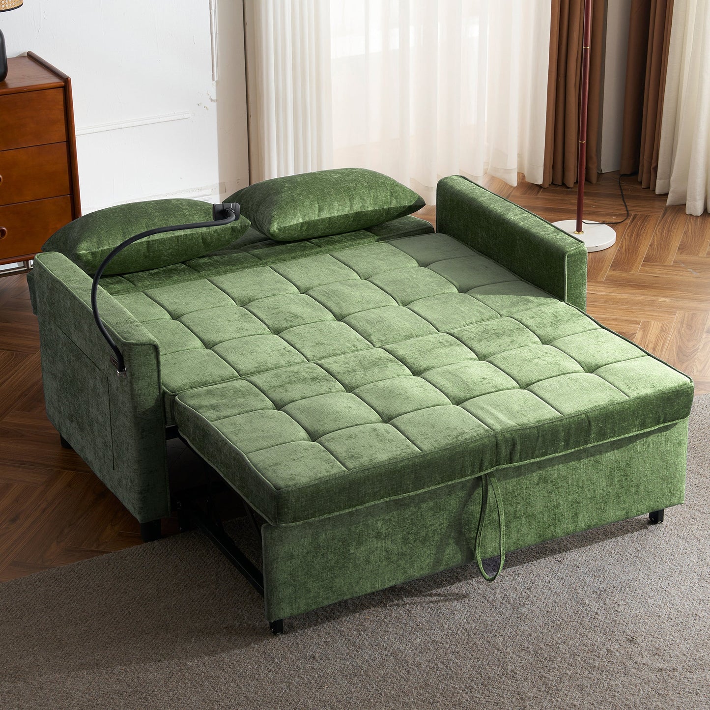 NEW 56.9' Convertible Loveseat Sofa Bed with Adjustable Backrest, USB Ports, Phone Holder, Side Pockets, Green Chenille,