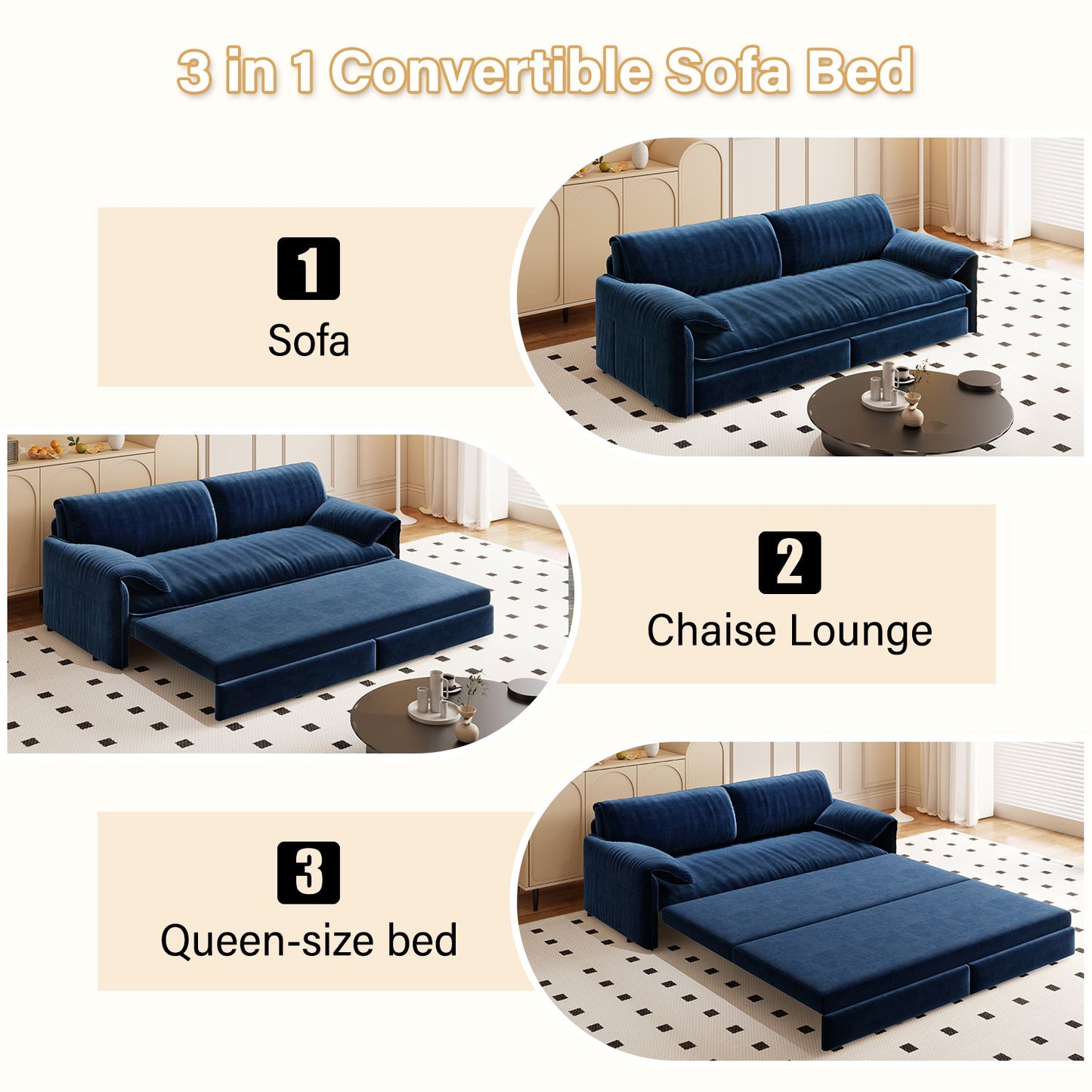 NEW 66' Velvet Loveseat Queen Pull Out 3-in-1 Convertible Sleeper Sofa Bed with Side Storage