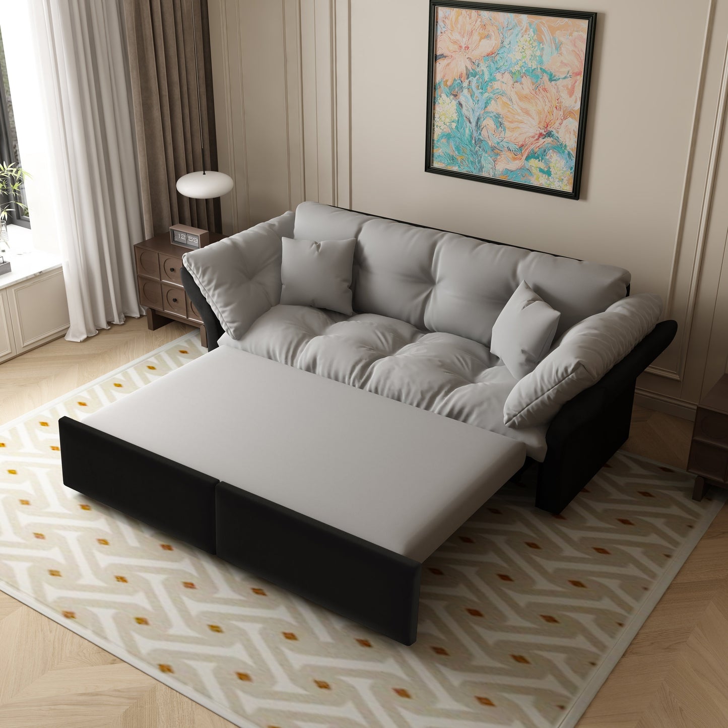 NEW Multi-Functional Loveseat 74.8' Queen Pull Out 3-in-1 Convertible Sleeper Tufted Sofa Bed with 2 Soft Pillows