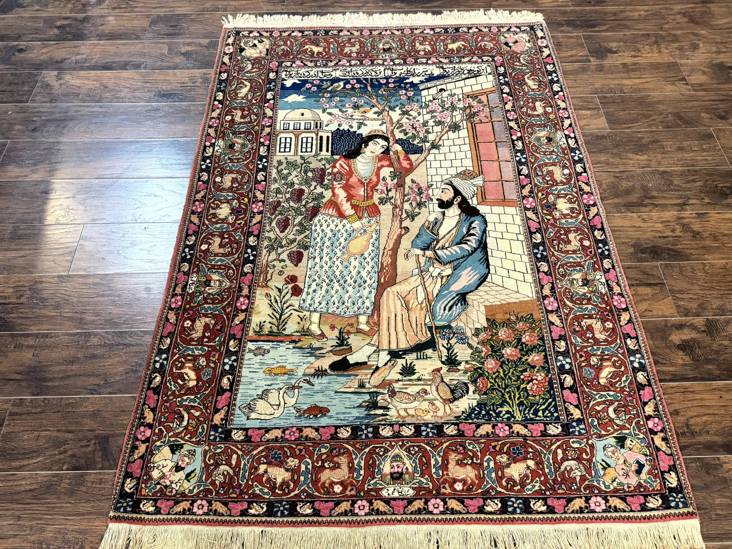 USED Wonderful Persian Kashan Pictorial Rug 4.7 x 6.5, Persian Rug for Wall Hanging, Handmade Antique Wool Carpet Animal Motifs Poetry Lovers, 240 KPSI