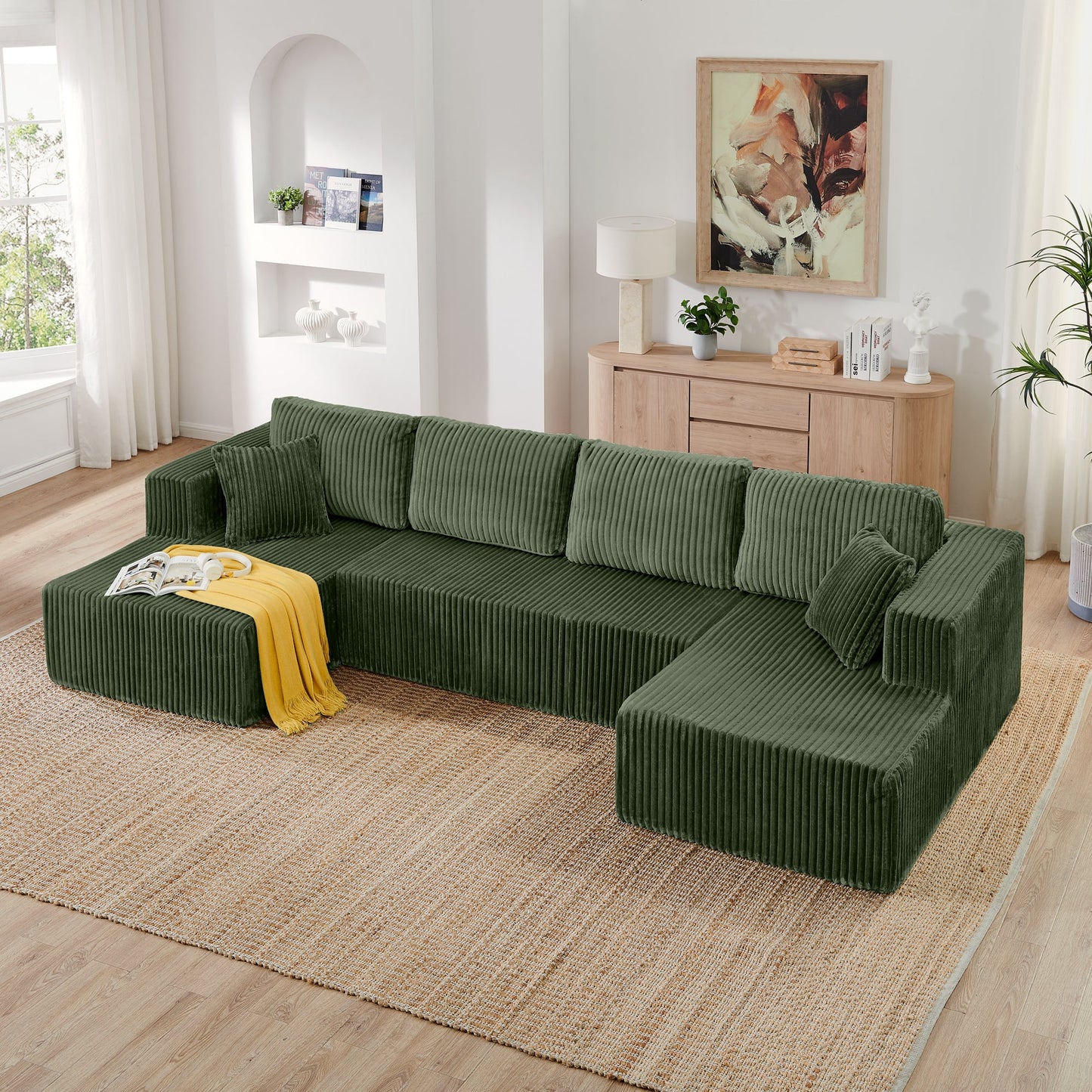 NEW Modern Minimalist U Shape Modular Sectional Sofa Sleeper in Green Corduroy with Foam Filling