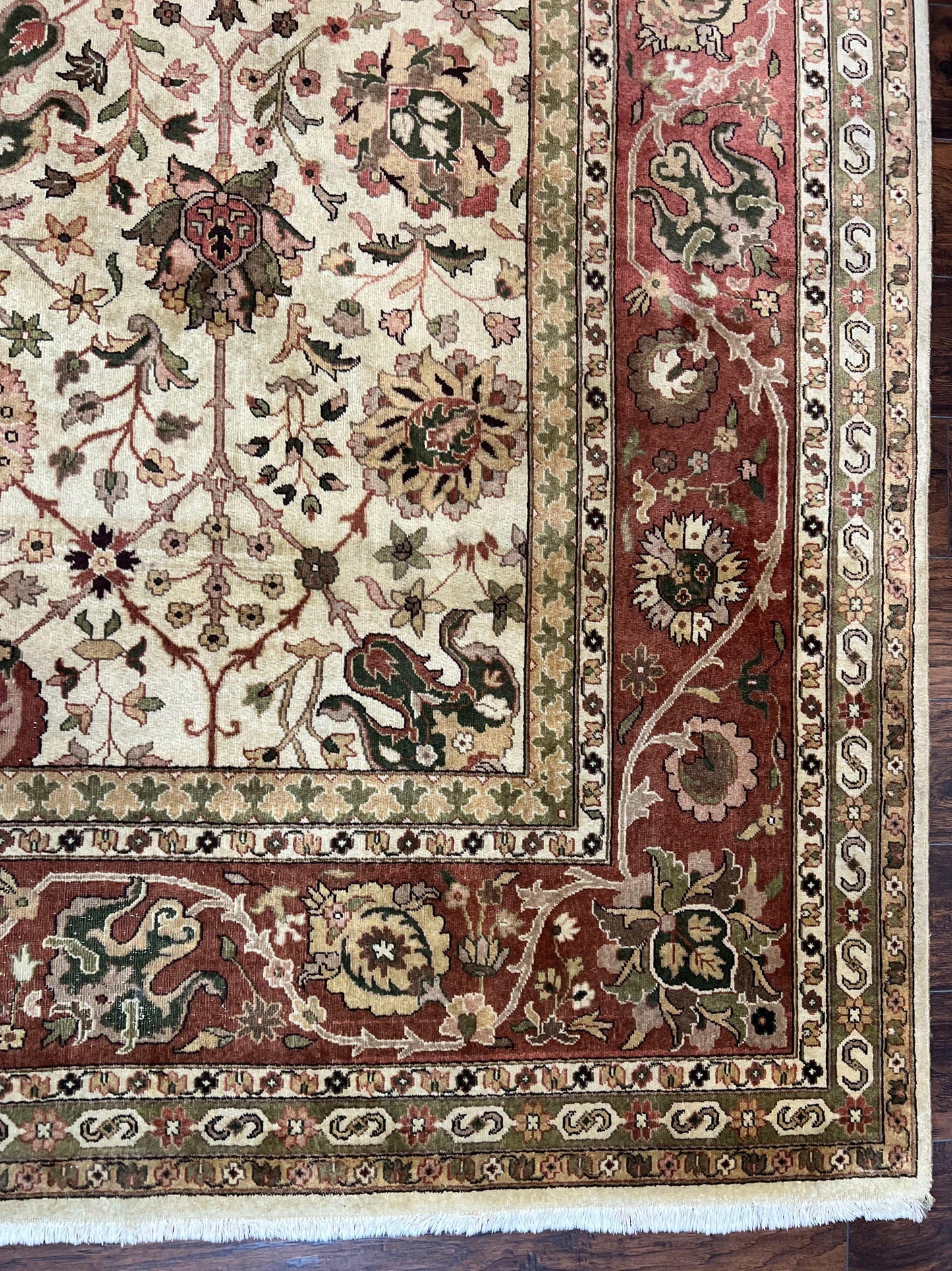 USED Large Indian Rug 10x14, Hand Knotted Indo Persian Gandehar Oriental Carpet, Vintage Wool Rug 10 x 14 ft Cream Red Floral Allover Traditional