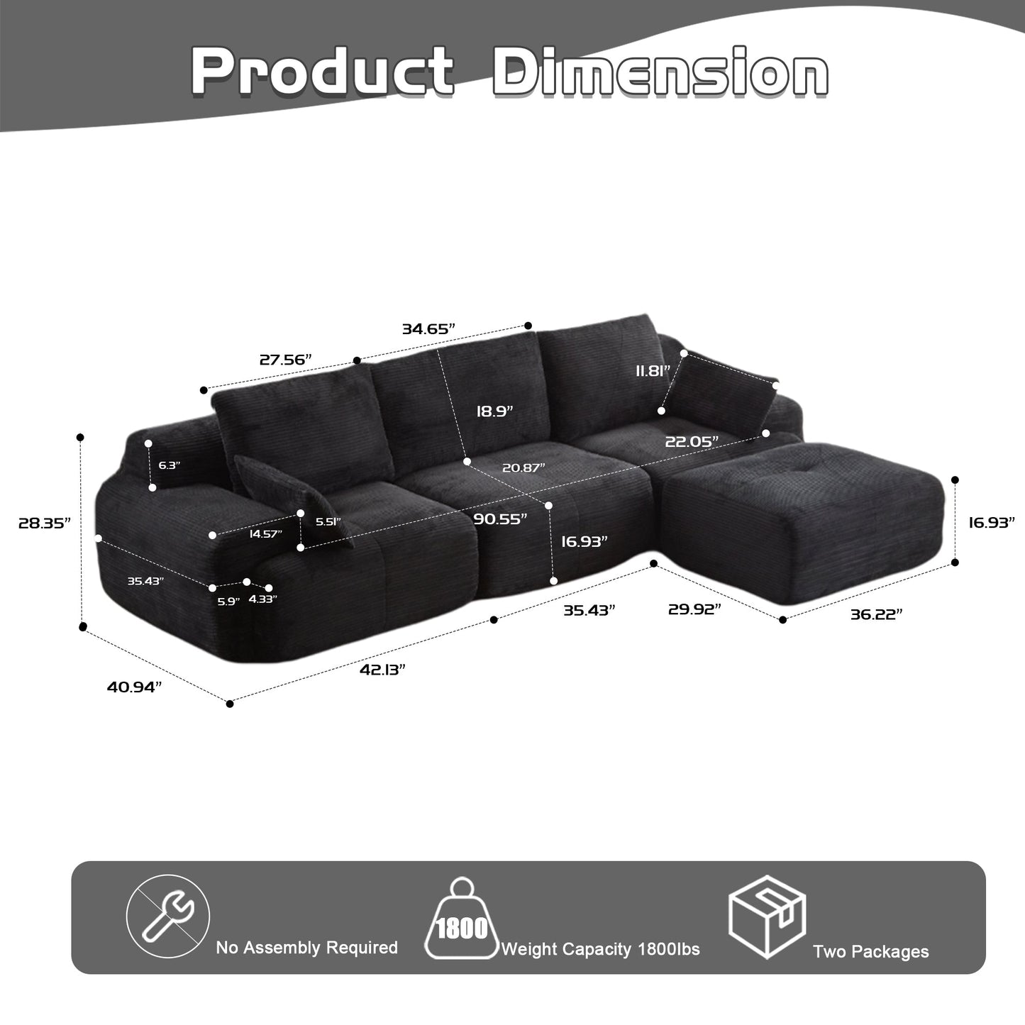 NEW Black Modern Large Memory Foam Sectional