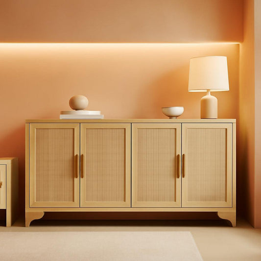 NEW Natural Rattan Four Door Sideboard Cabinet Engineered Wood