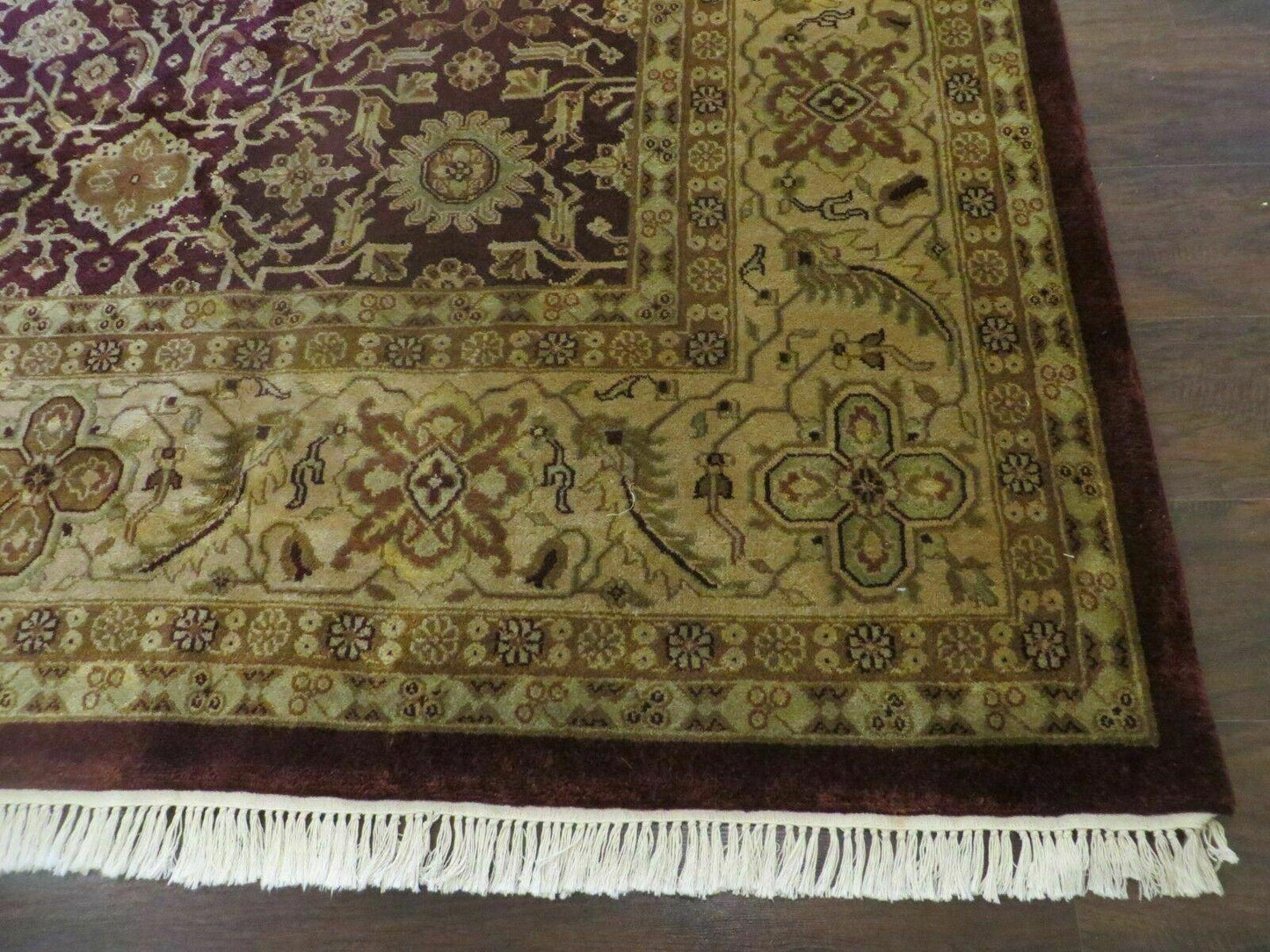 USED Indian Agra Rug 10x14 Vintage Handmade Larastan Wool Carpet Maroon Floral