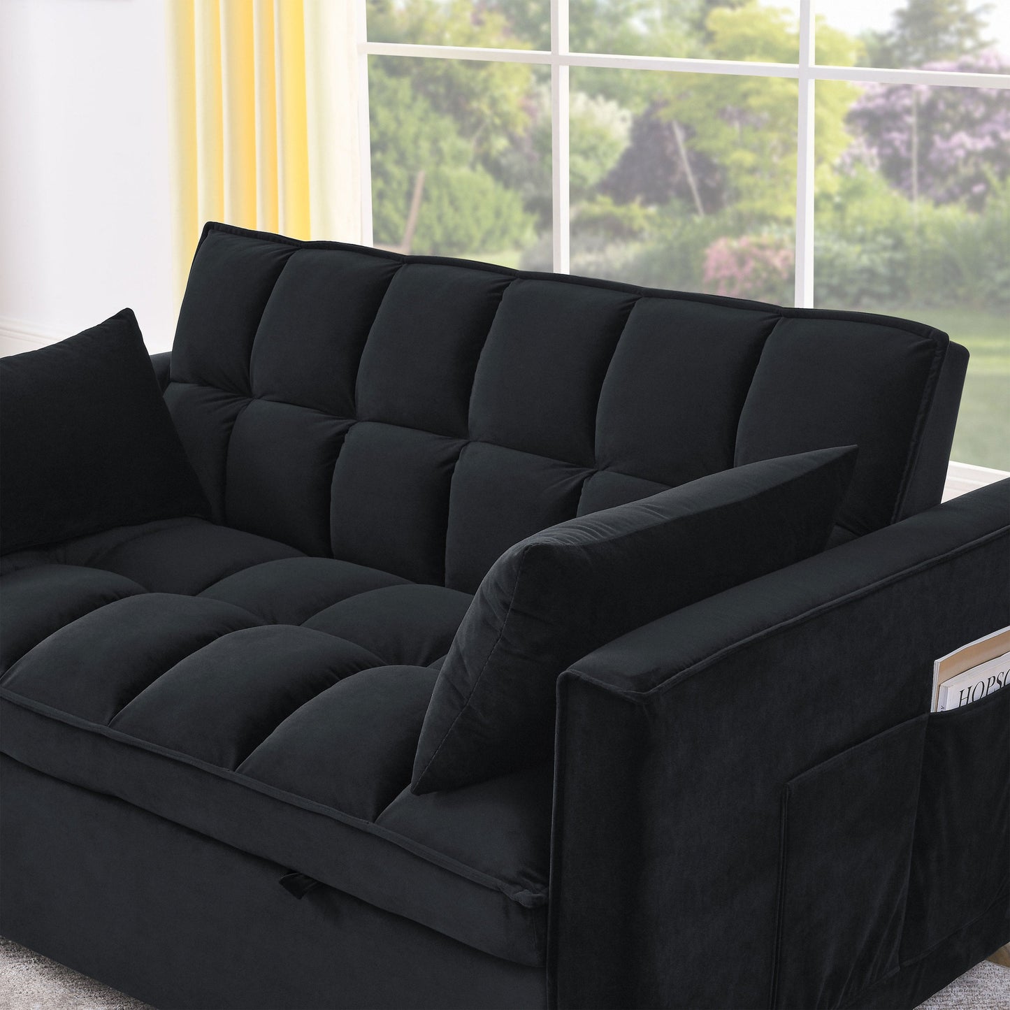 NEW Velvet Black Sleeper Convertible Sofa Recliner Bed 3-in-1 Adjustable Backrest 2-Seater
