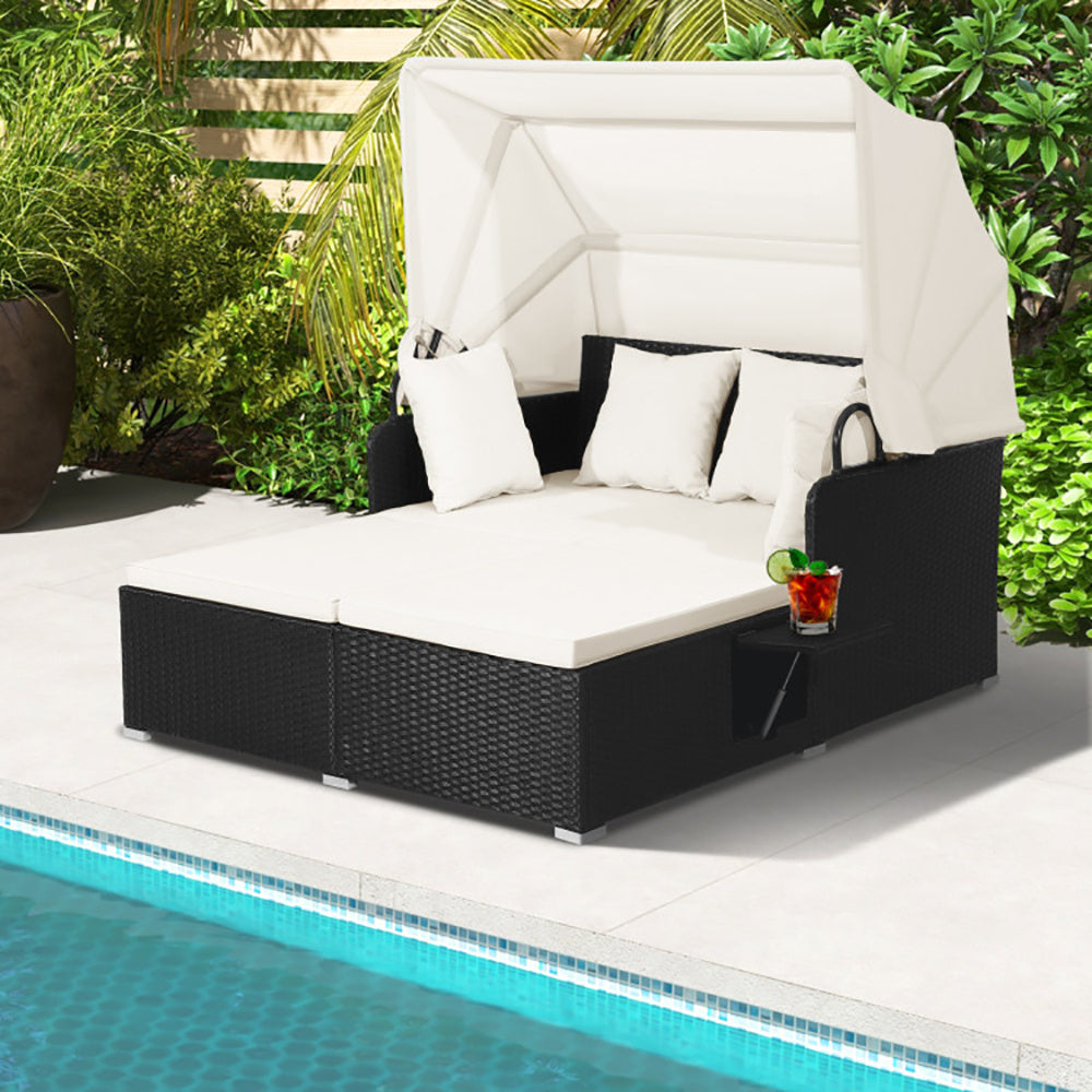 NEW Outdoor Patio Rattan Wicker Daybed With Retractable Canopy And Side Tables