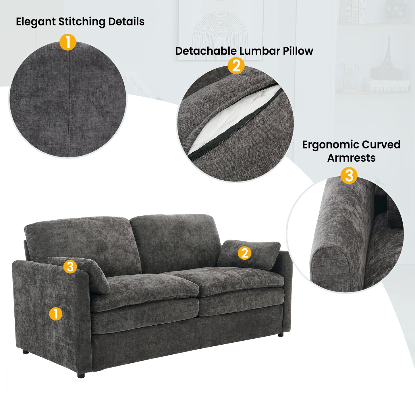 NEW Gray Premium Chenille Fabric Upholstered Rolled Arm Loveseat with Lumbar Pillow