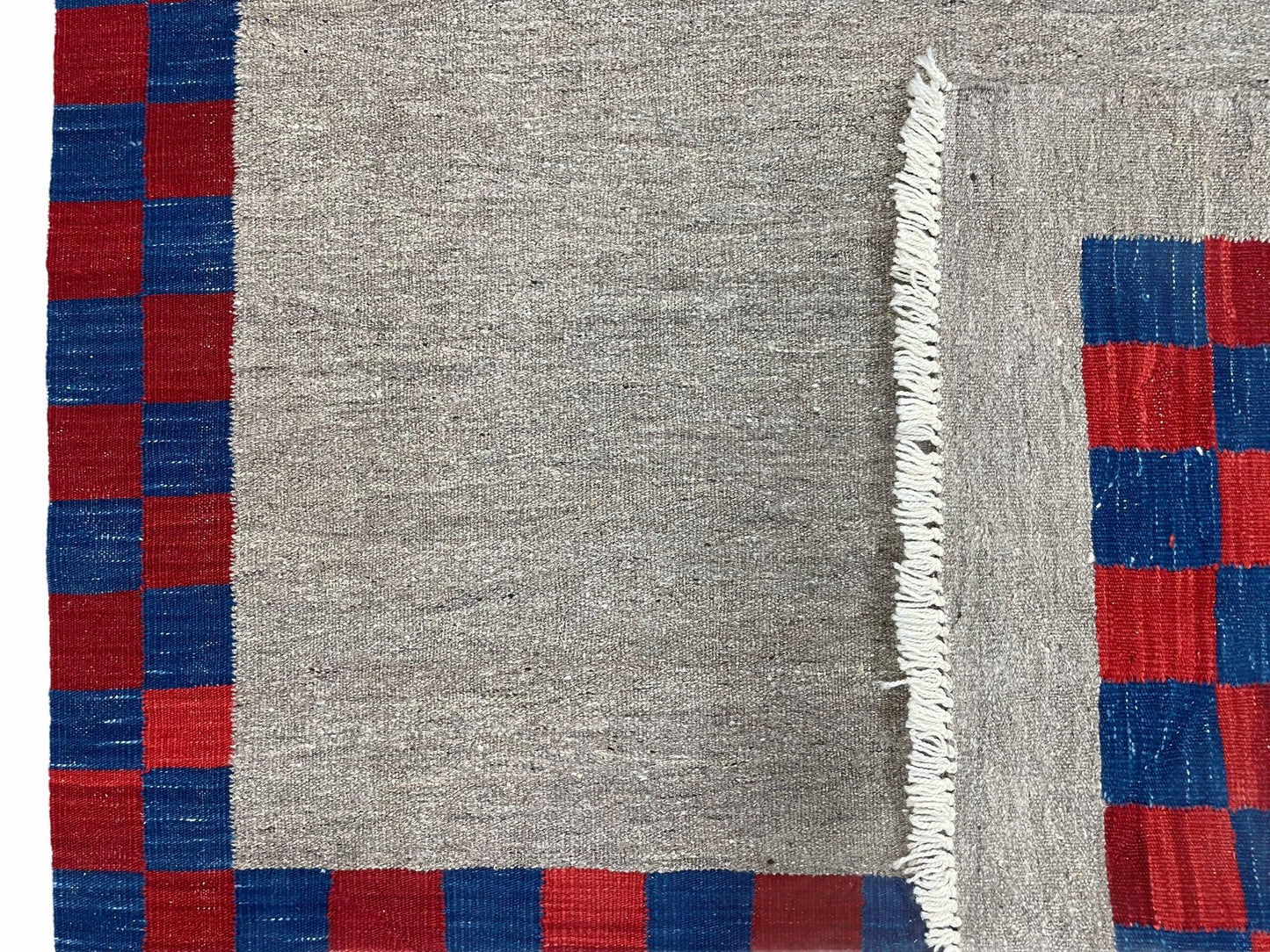 NEW 5' 7" x 7' 9" Geometric Kilim Carpet, Gray, Handmade, Hand-Knotted Area Rug, Blue & Red, Flatweave, Wool, New, Checkerboard Pattern