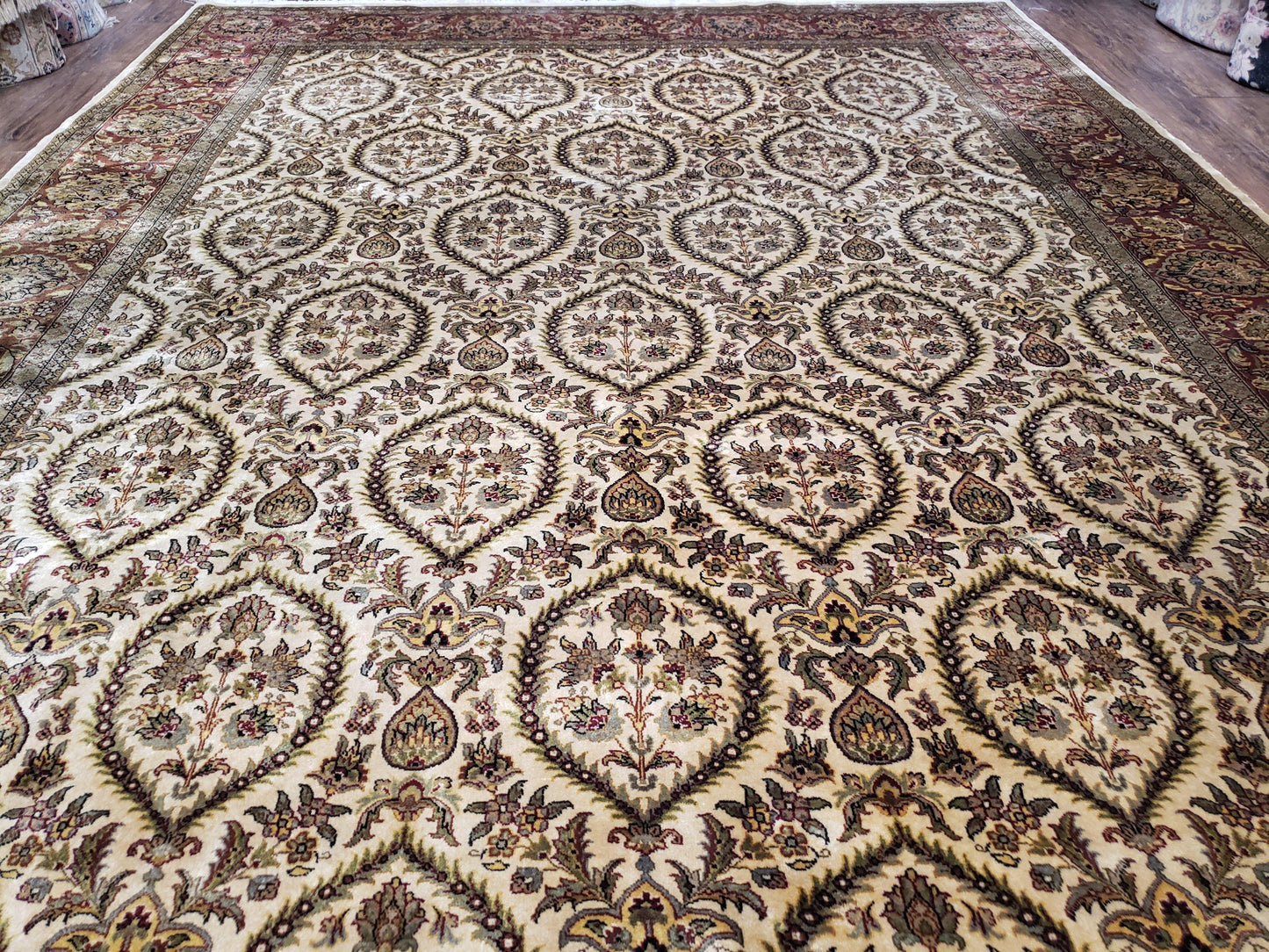 USED Vintage Indo Persian Area Rug 9x12, Wool Hand-Knotted Ivory & Dark Red Oriental Carpet, Fine Weave 9 x 12 Indian Rug, Dining Room Rug