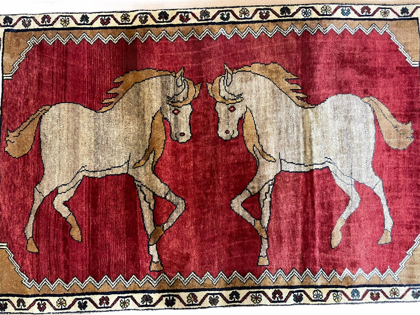 USED 4 X 6 Handmade Hand-Knotted New Vintage Rug Wool Horses Red Organic Dyes Tribal