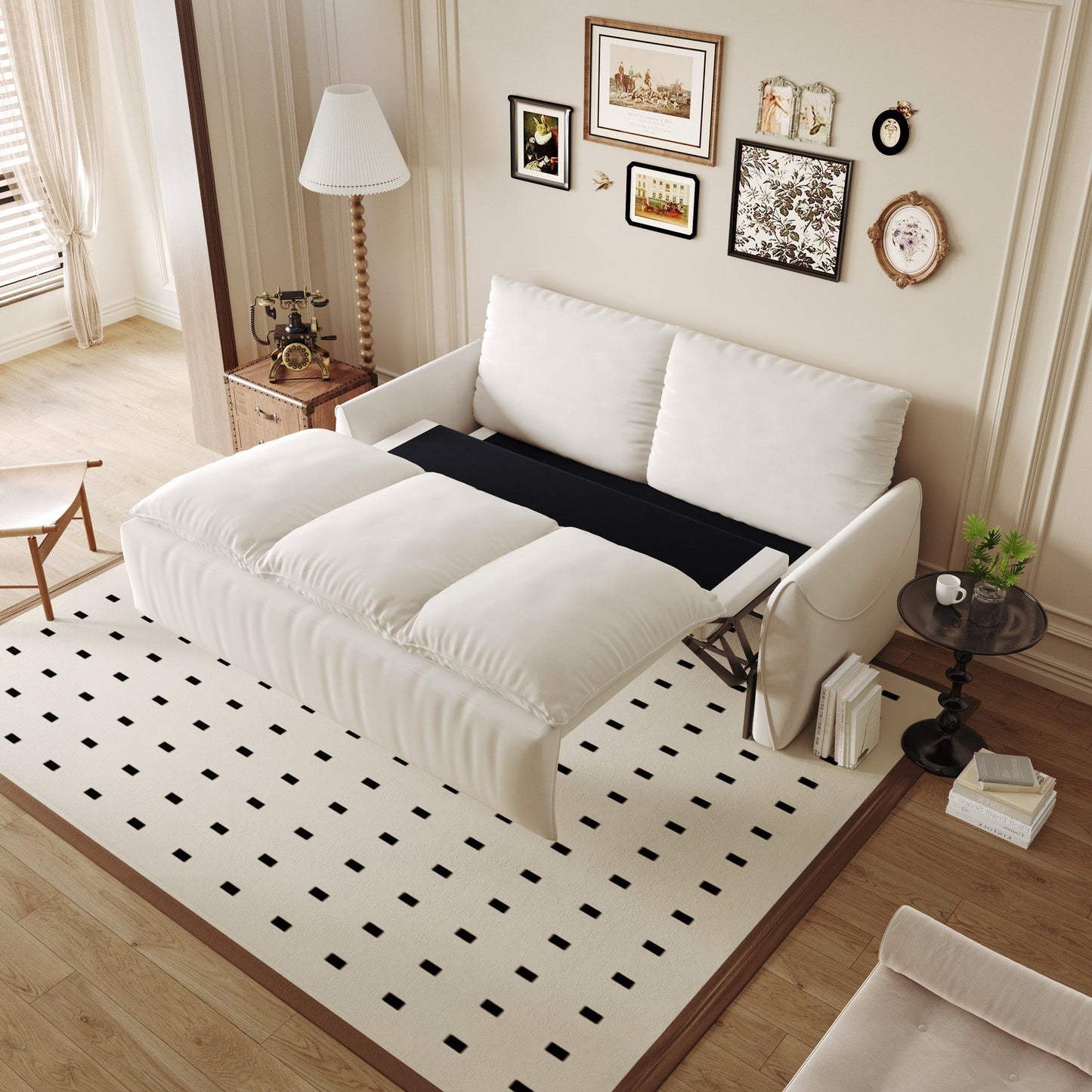 NEW 70.9' Beige Multi-Functional Velvet Loveseat Pull Out Sofa Bed 3-Seat Convertible Sleeper Couch with 2-in-1 Pillow and Blanket Set