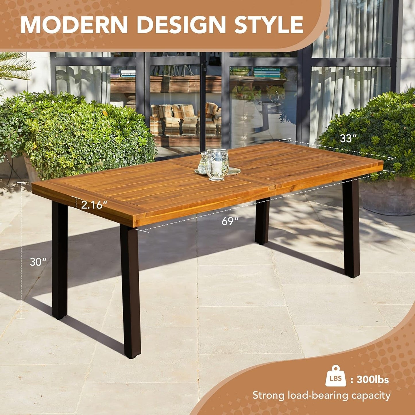 NEW Acacia Wood Dining Table For 6 With Iron Legs IndoorOutdoor