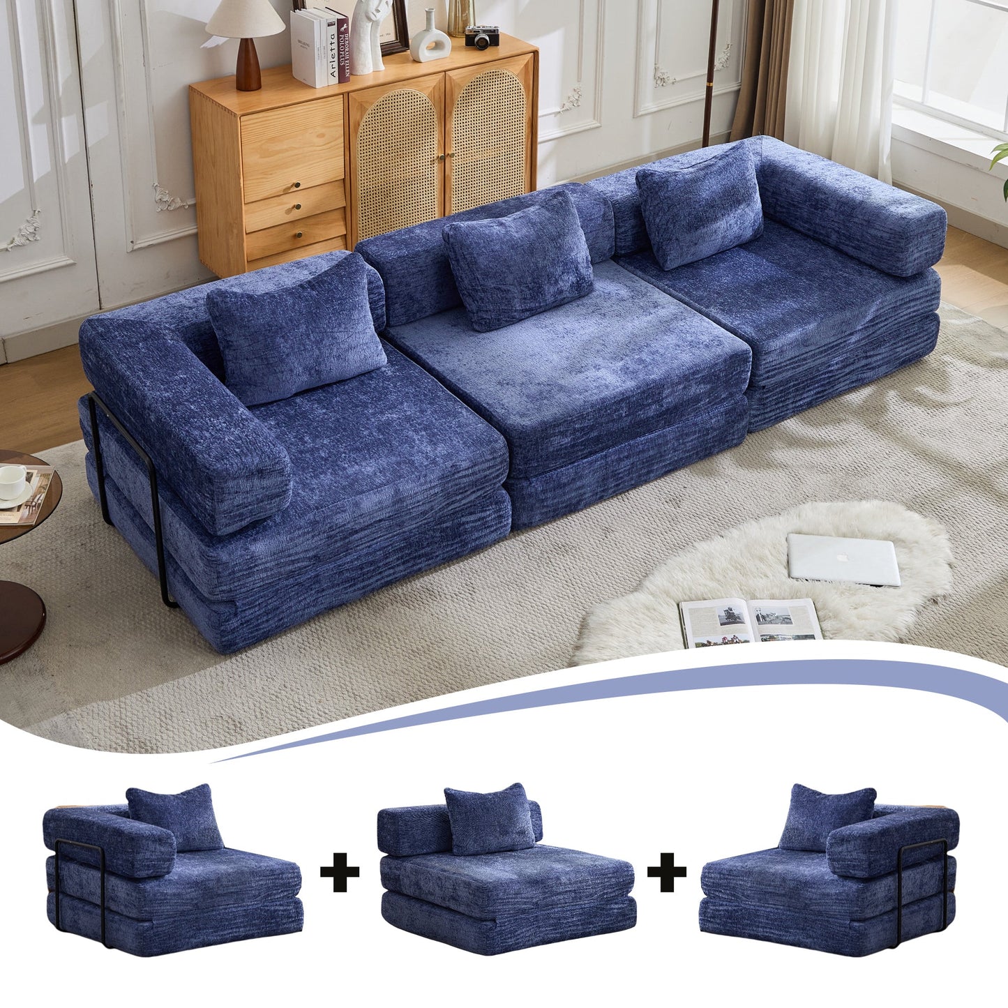 NEW Dark Blue Chenille Fabric Compression Convertible Floor Sofa Bed with Fixed-Shape Frame Boneless Modular Sectional Couch