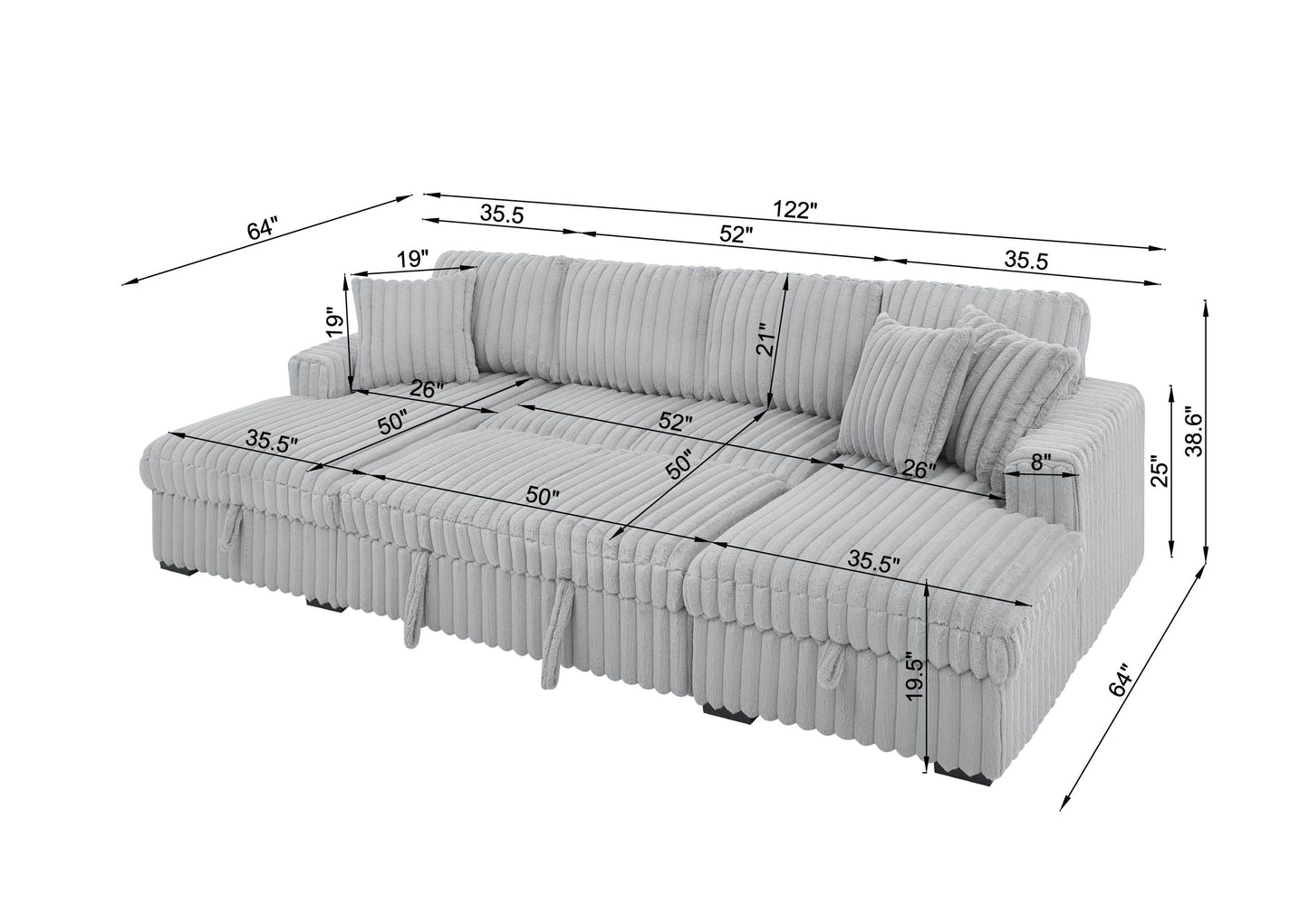 NEW Rabbit Plush Grey Corduroy Fabric Oversized Pull Out U Shaped Sleeper Sectional Sofa Bed Couch with Double Storage Chaise