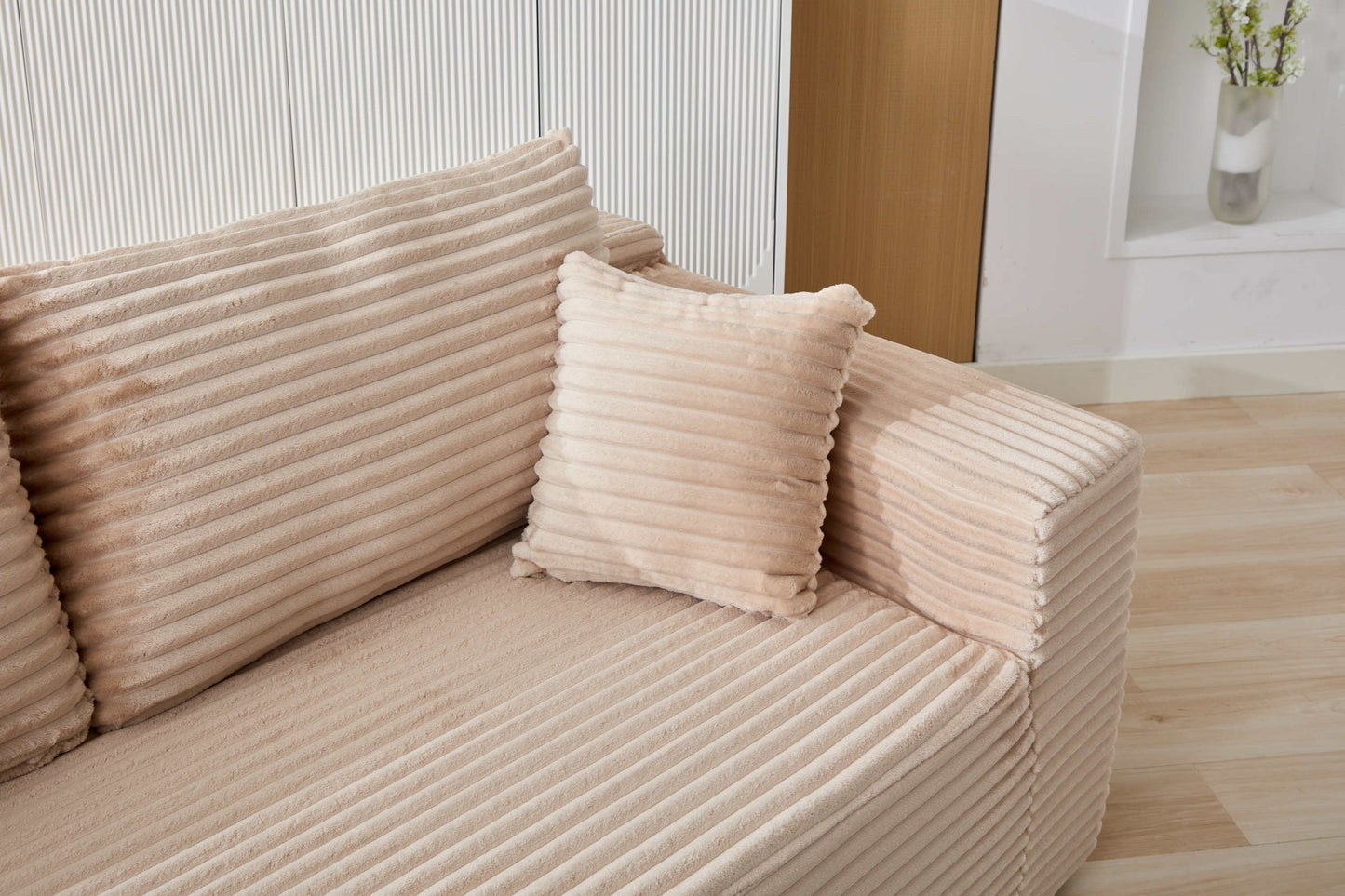 NEW Compression Sectional Couch with Comfy Chaise, Boneless L Shape Sofa with Deep Seat, Minimalist Modular Couches Sleeper for Living Room Bedroom Apartment Lounge,corduroy,Beige