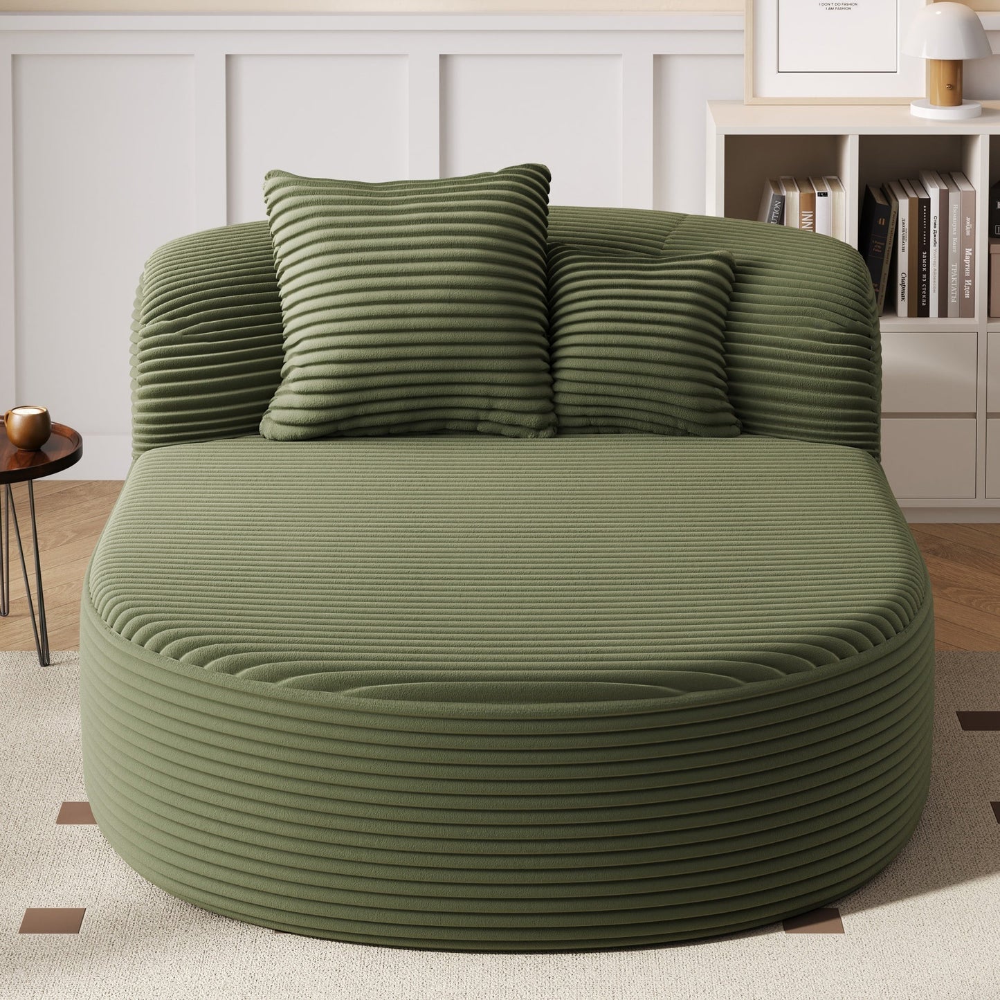 NEW Modern Green Corduroy Chaise Lounge Sofa Bed Boneless Couch with Two Supportive Pillows
