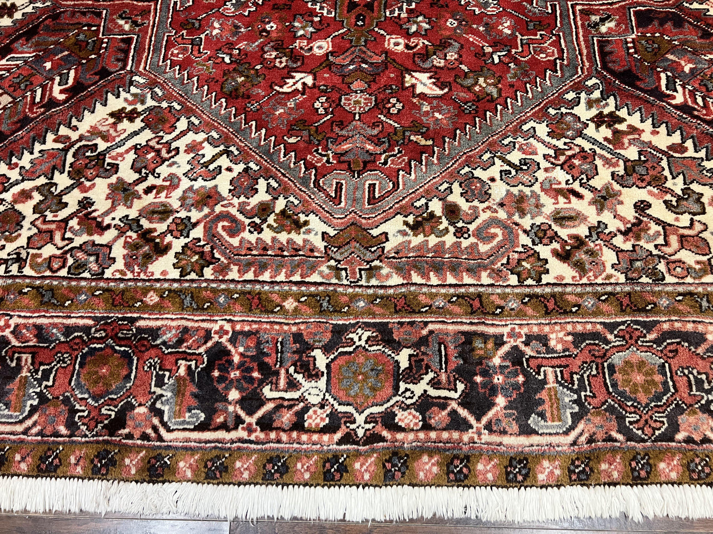 USED Large Persian Heriz Rug 10x13, Wool Hand Knotted Antique Carpet, Red and Ivory, Geometric Tribal Room Sized Rug, Decorative Oriental Rug