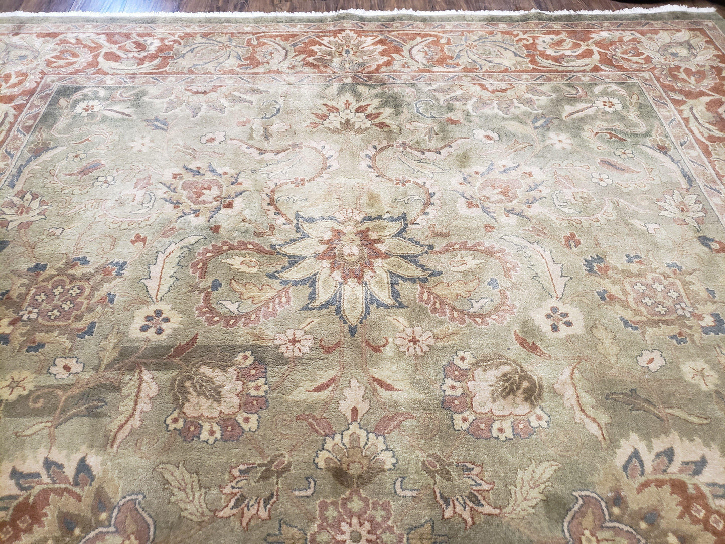 USED Vintage Indo Mahal Area Rug 9x12, Wool Hand-Knotted Laurel Green & Auburn Indian Carpet, 9 x 12 Floral Carpet, Living Room Rug
