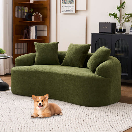 NEW Green Curved Loveseat: Compressed No Assembly, Chenille Small Sofa, 30D Sponge, Compact for Apartments, 65' L, 300Lbs, 3 Pillows