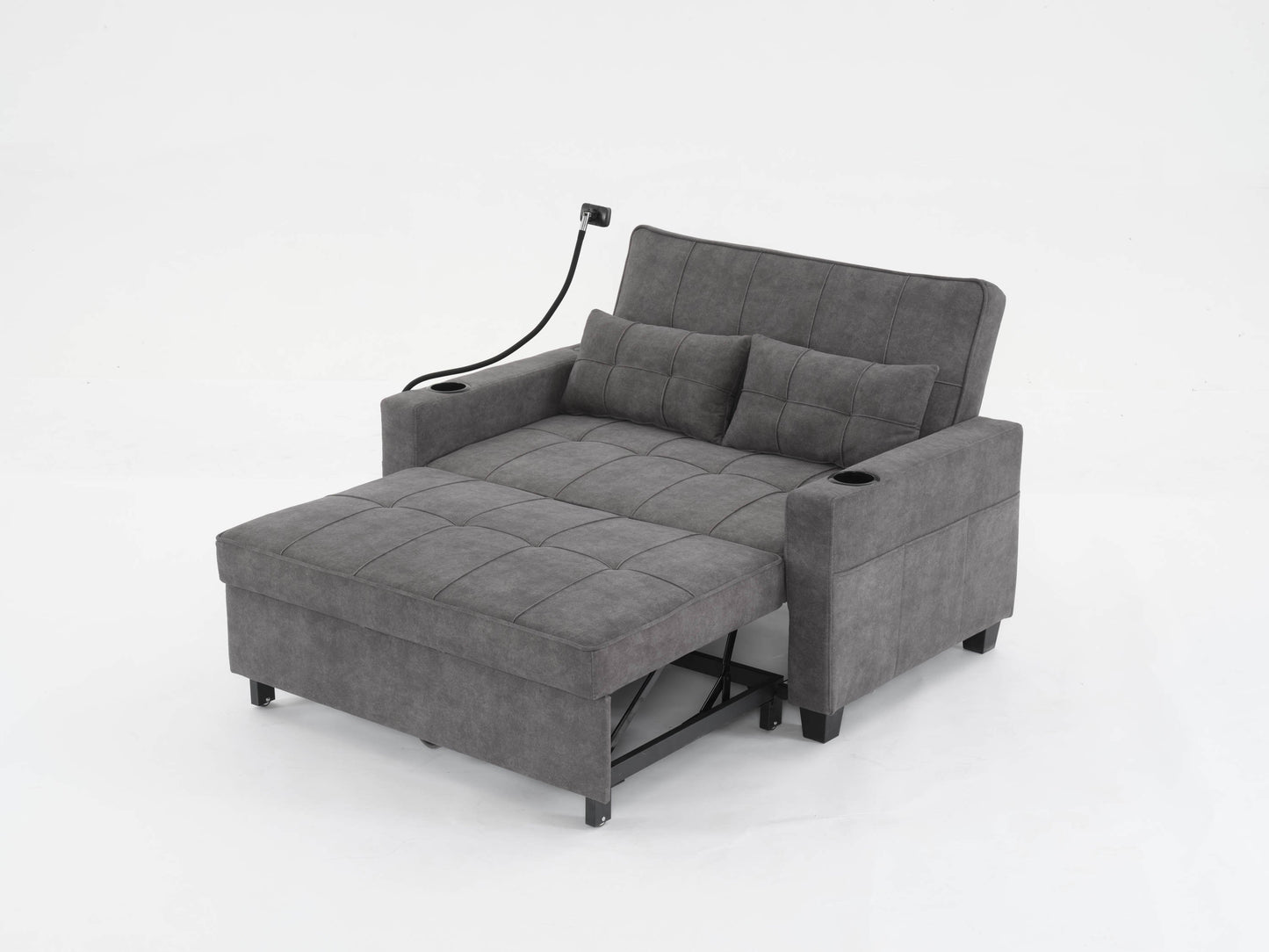 NEW Dark Grey Cloth Fabric 2 Seater Loveseat Recliner Sofa Bed with Adjustable Backrest USB and Cupholders