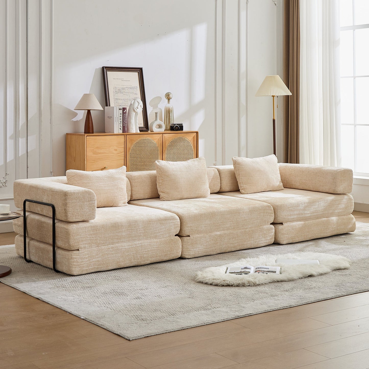 NEW Beige Chenille Fabric Boneless Modular Sectional Sofa Compression Convertible Floor Couch Bed with Fixed-Shape Frame