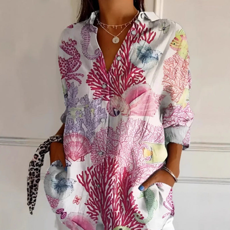 New Floral Print Long-sleeved Shirt Women's Casual Button Tops Clothing
