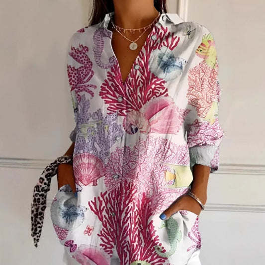 New Floral Print Long-sleeved Shirt Women's Casual Button Tops Clothing