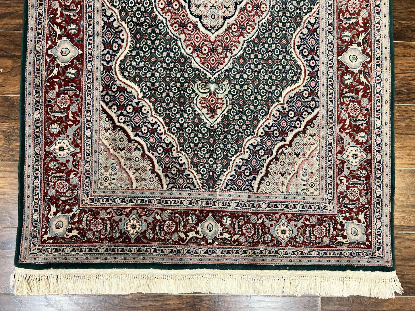 USED Sino Persian Rug 4x6, Wool with Silk Highlights, Fine Hand Knotted Carpet, Green & Maroon Red, Herati Medallion, Vintage Rug