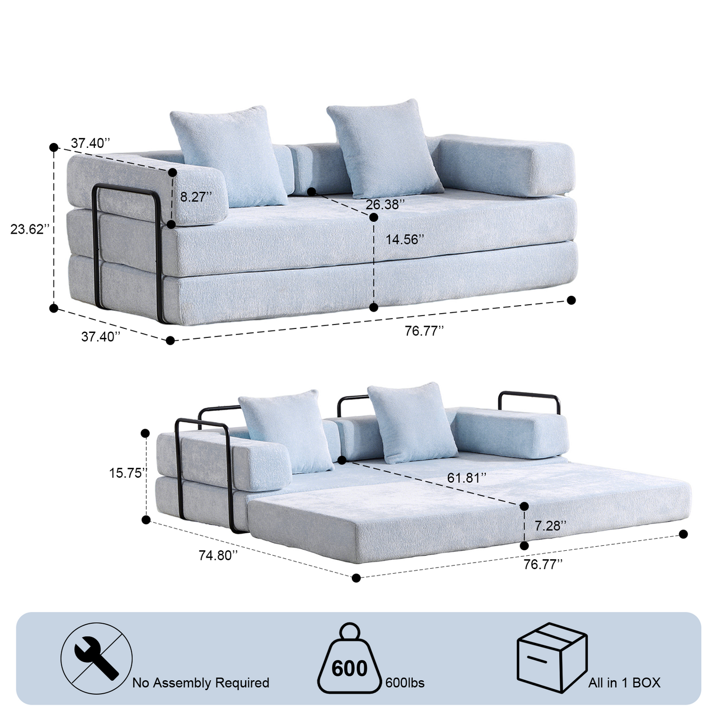 NEW Light Blue Chenille Fabric Floor Couch Compression Convertible Sofa Bed with Pillow Back Support Armrest Comfy Futon Couch Lounge Sleeper Bed