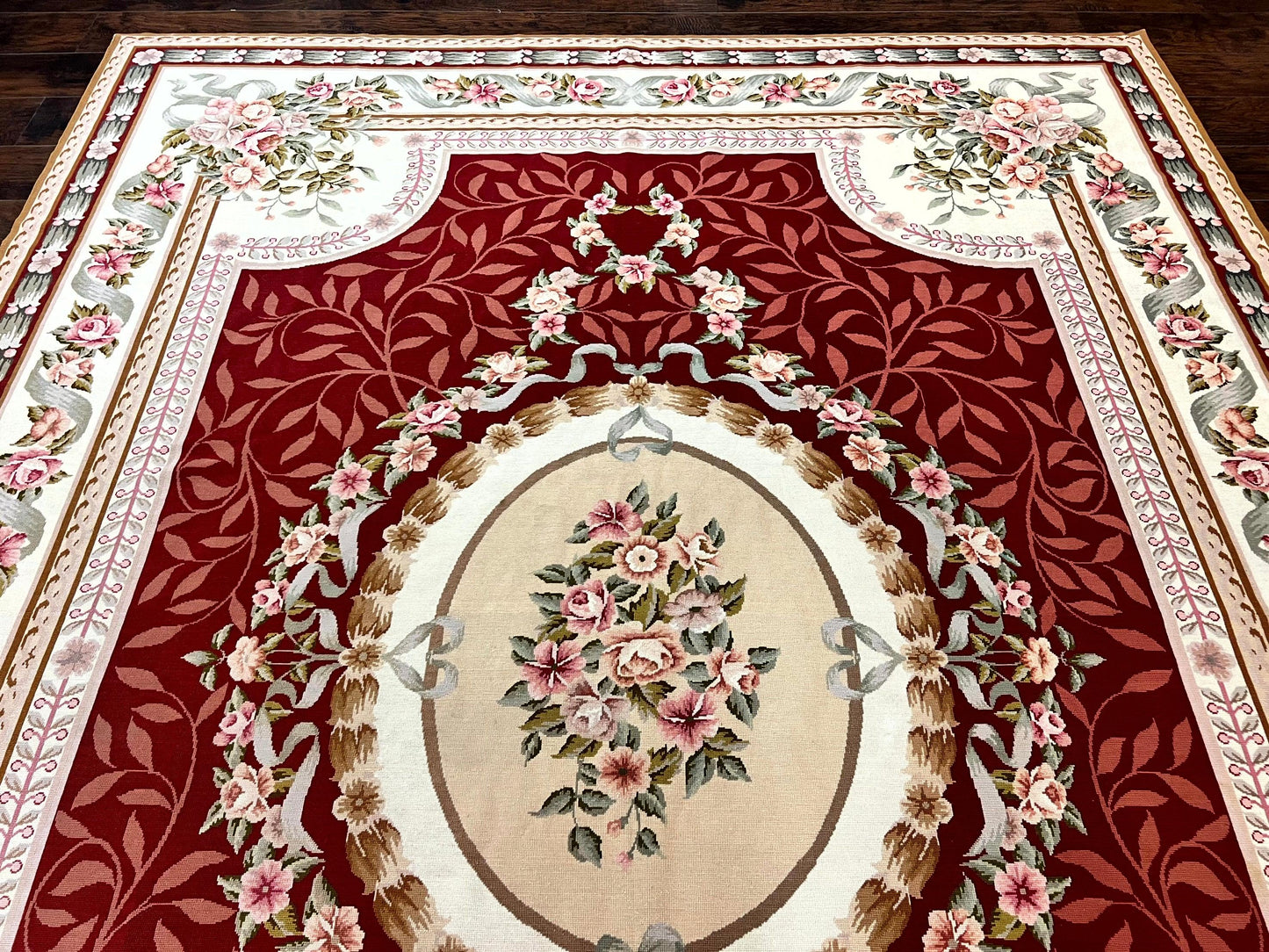 USED Wonderful Aubusson Rug 9x12, Handmade Vintage Needlepoint Carpet, Red and Ivory, Elegant European Design, Wool
