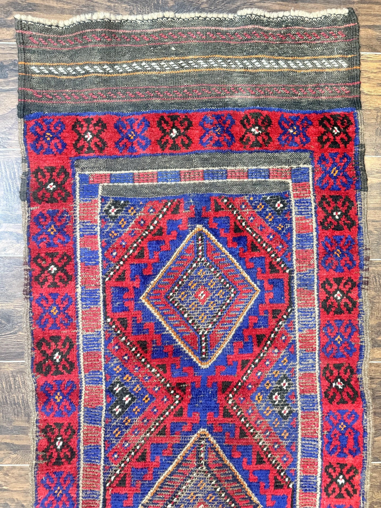 USED Turkoman Runner Rug 2 x 8.6, Skinny Runner, Handmade Wool Carpet for Hallway, Red and Blue, Wool, Vintage 8ft Runner