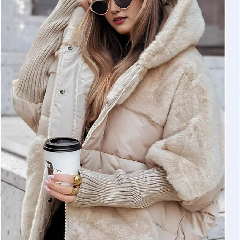 New Women's Loose Cotton Coat Faux Fur Patchwork Winter Coat Comfort Chic Long Sleeve Hooded Jacket