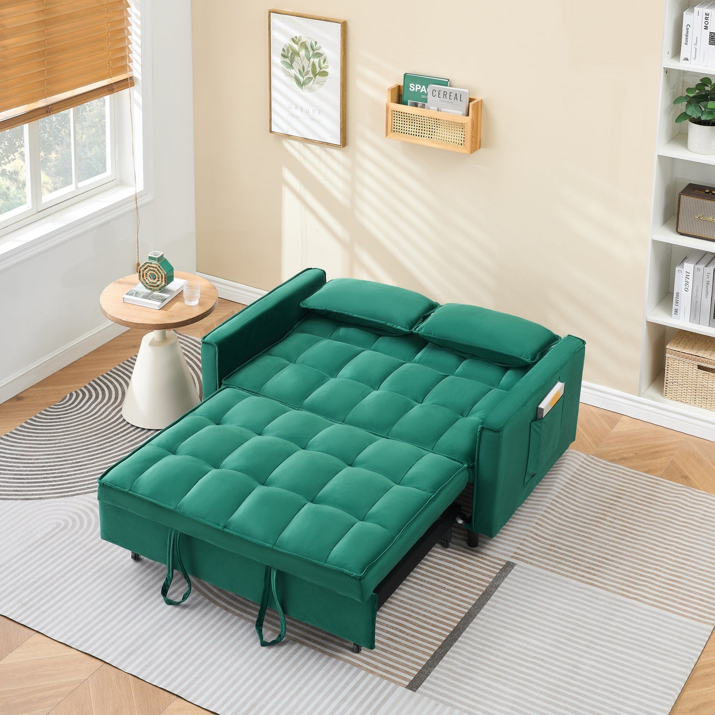 NEW 55-inch Green velvet sofa bed, elegant and convenient, with storage pockets, cleverly interpreting the three-in-one conversion