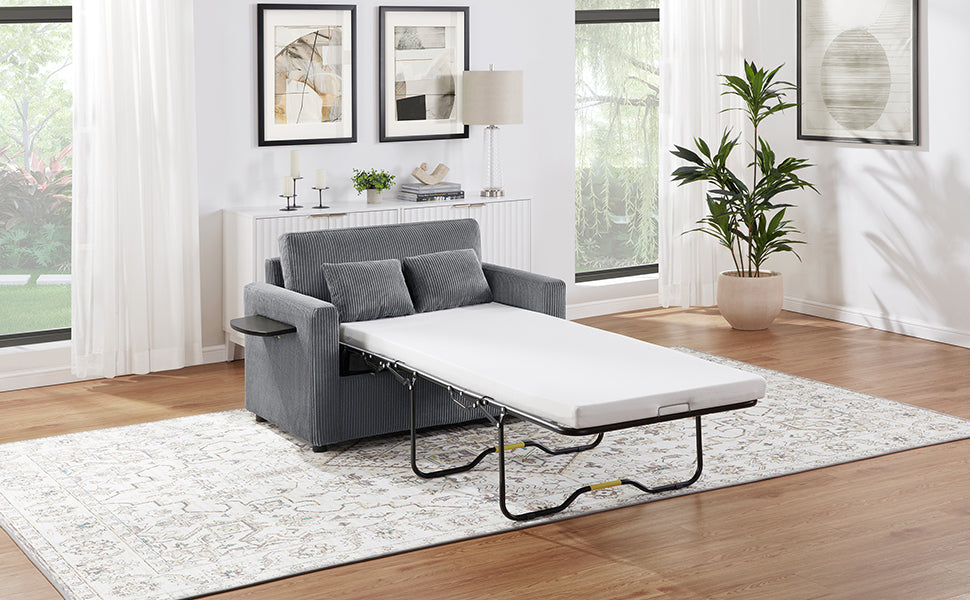 NEW Twin Size 47.2' Gray Corduroy Sleeper Loveseat Sofa Bed with Foldable Mattress USB Ports Side Table & Storage Pocket