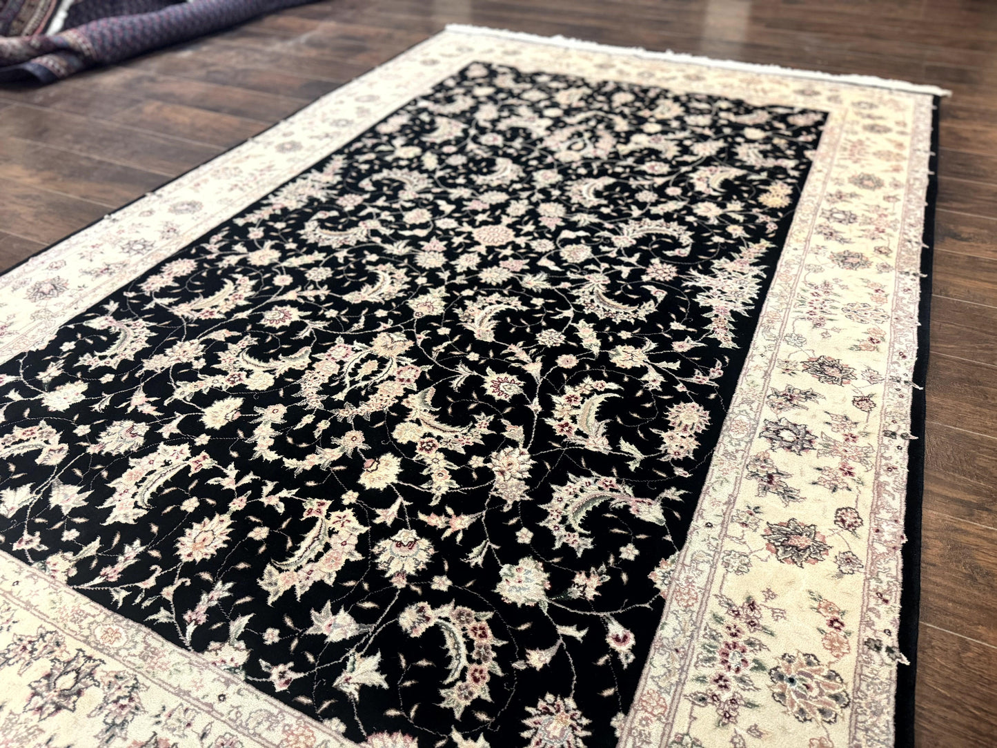 USED Sino Persian Rug 6x9, Black and Ivory, Wool and Silk Highlights, Handmade