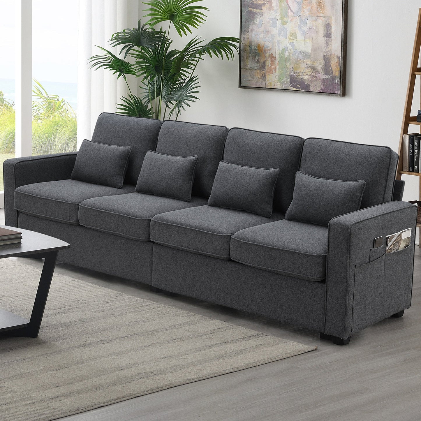 NEW 104' 4-Seater Modern Linen Fabric Minimalist Style Couch Sofa with Armrest Pockets and 4 Pillows