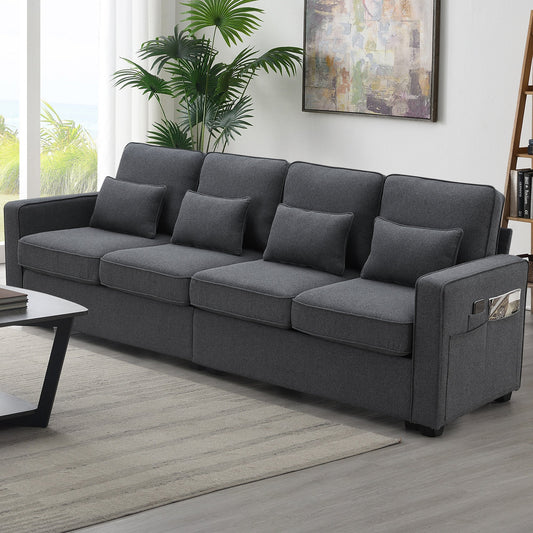 NEW 104' 4-Seater Modern Linen Fabric Minimalist Style Couch Sofa with Armrest Pockets and 4 Pillows